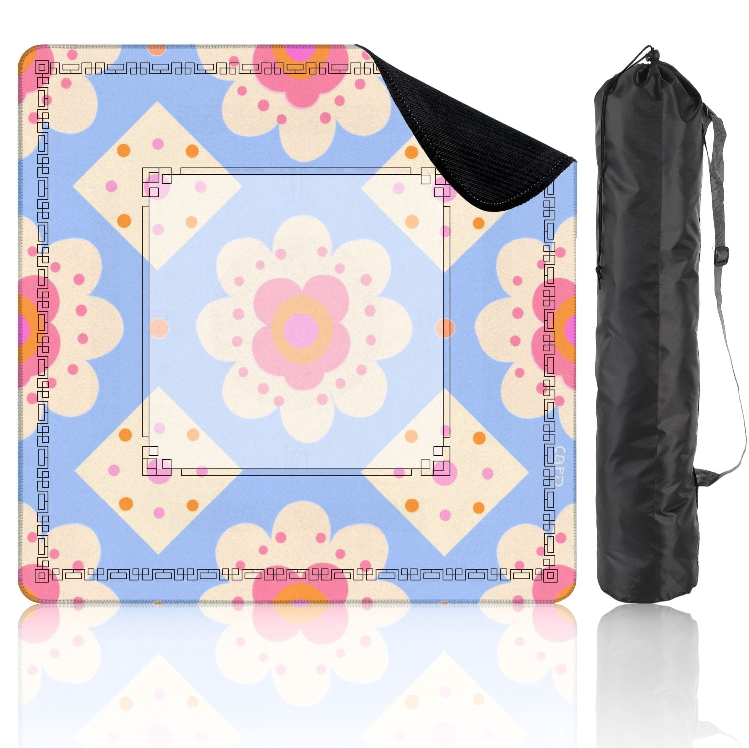 Mahjong Mat 31.5" x 31.5" Floral Geometric Pastel Tones Blue Non-Slip Noise Reduction American Mahjong Tiles Table Cover for Dominoes Poker Card Board Games Gift