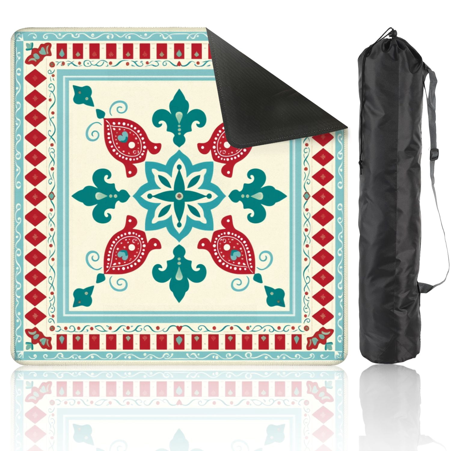 Mahjong Mat 31.5" x 31.5" Floral Geometric Red Teal Ornamental Motifs Decorative Borders Non-Slip Noise Reduction American Mahjong Tiles Table Cover for Dominoes Poker Card Board Games Gift