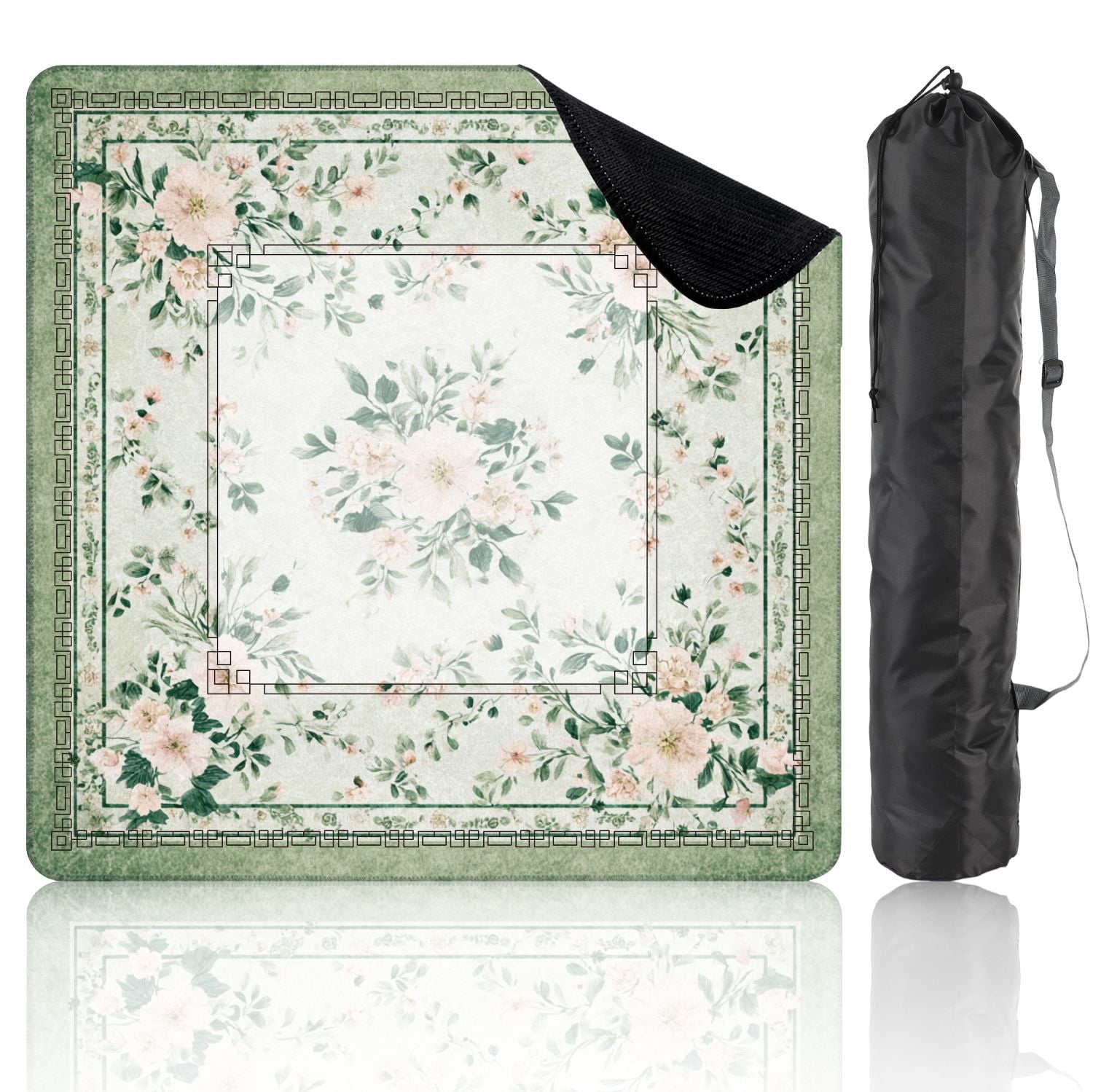 Mahjong Mat 31.5" x 31.5" Floral Green Accents Soft Pink Flowers Non-Slip Noise Reduction American Mahjong Tiles Table Cover for Dominoes Poker Card Board Games Gift