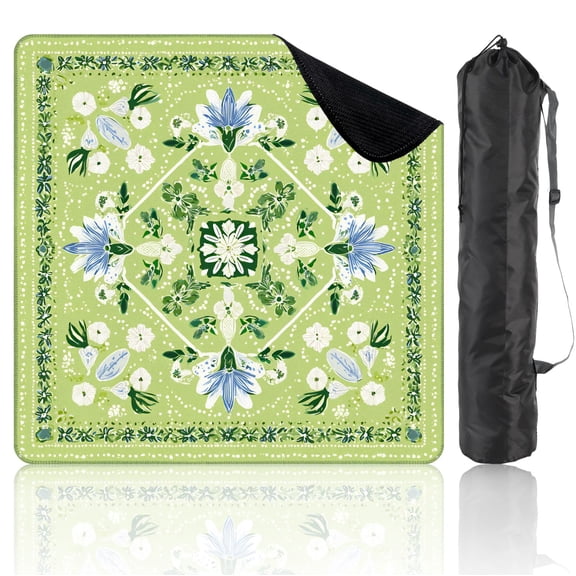 Mahjong Mat 31.5" x 31.5" Floral Green Bandana Blue White Flowers Non-Slip Noise Reduction Mahjong Mat with Storage Bag Mahjong Tiles Table Cover for Dominoes Poker Card Board and Tile Games
