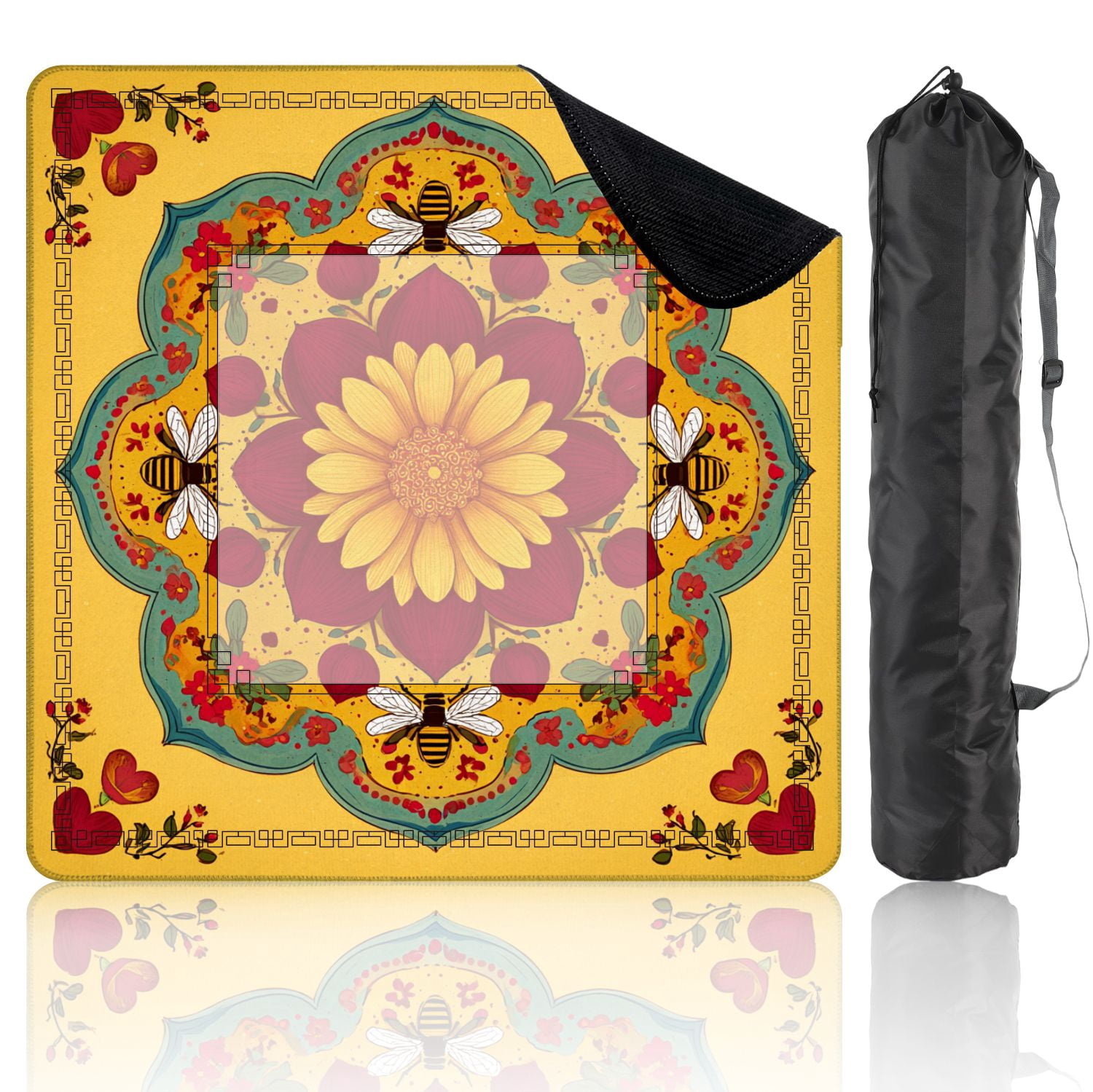 Mahjong Mat 31.5" x 31.5" Floral Mandala Bees Hearts Warm Red Yellow Decorative Non-Slip Noise Reduction American Mahjong Tiles Table Cover for Dominoes Poker Card Board Games Gift