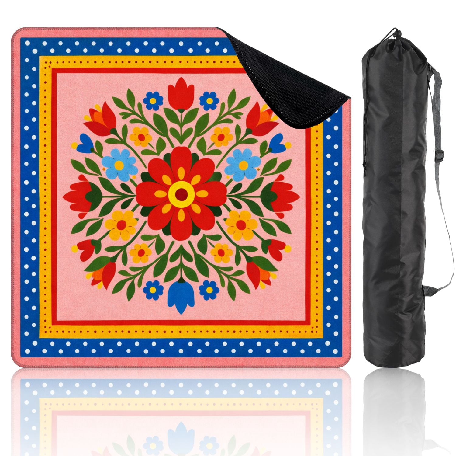 Mahjong Mat 31.5" x 31.5" Floral Mandala Design Red Yellow Blue Flowers Pink Non-Slip Noise Reduction Mahjong Tiles Table Cover for Dominoes Poker Card Board and Tile Games