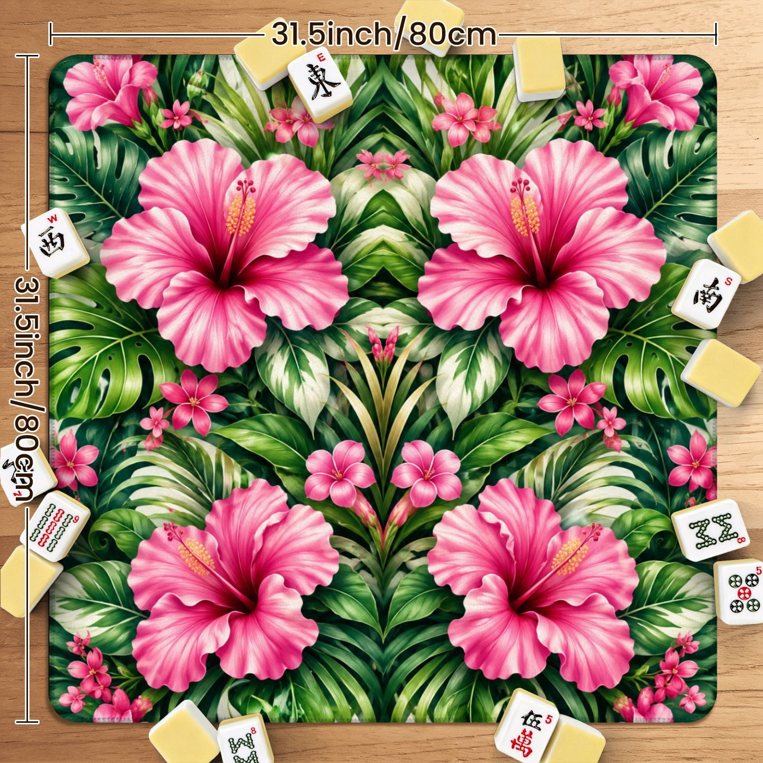 Mahjong Mat 31.5" x 31.5" Floral Mandala Pink Hibiscus Flowers Green Leaves Symmetrical Non-Slip Noise Reduction American Mahjong Tiles Table Cover for Dominoes Poker Card Board Games Gift