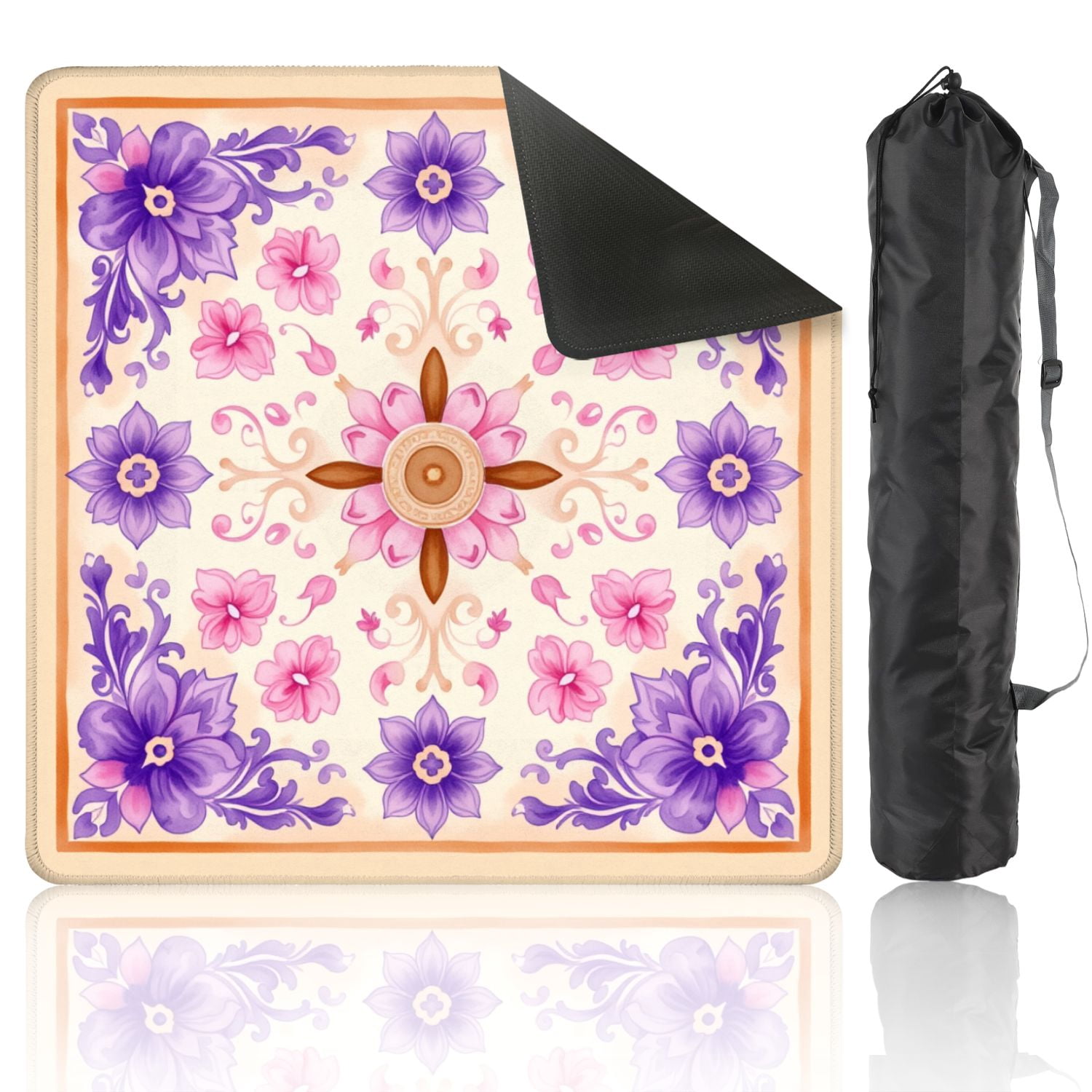 Mahjong Mat 31.5" x 31.5" Floral Mandala Pink Purple Flowers Ornate Details Non-Slip Noise Reduction American Mahjong Tiles Table Cover for Dominoes Poker Card Board Games Gift