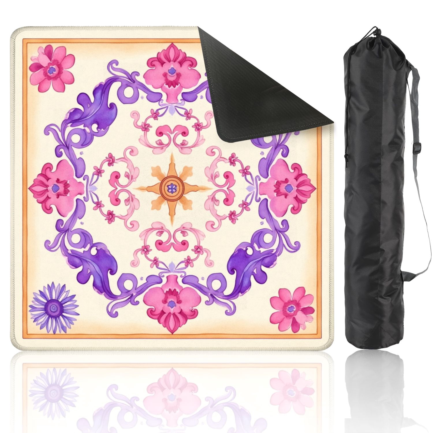 Mahjong Mat 31.5" x 31.5" Floral Mandala Purple Pink Ornaments Beige Non-Slip Noise Reduction American Mahjong Tiles Table Cover for Dominoes Poker Card Board Games Gift