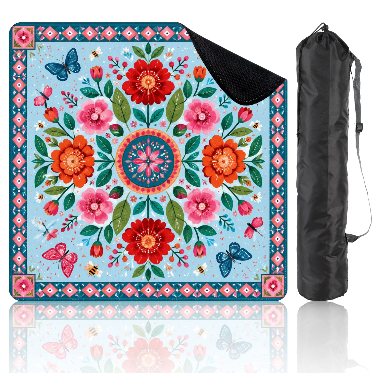 Mahjong Mat 31.5" x 31.5" Floral Mandala Red Yellow Flowers Blue Non-Slip Noise Reduction Mahjong Tiles Table Cover for Dominoes Poker Card Board and Tile Games