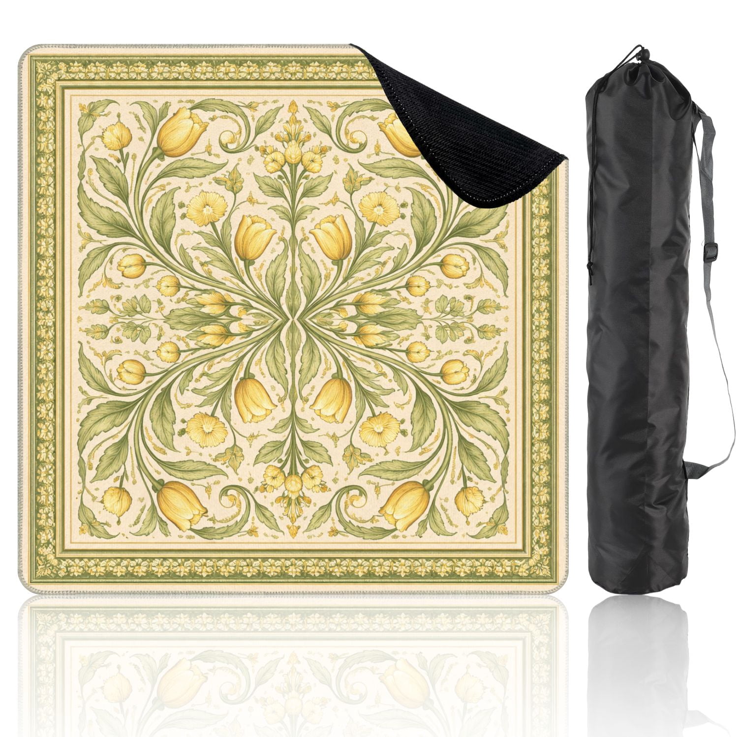 Mahjong Mat 31.5" x 31.5" Floral Mandala Yellow Tulips White Daisies Green Non-Slip Noise Reduction Mahjong Tiles Table Cover for Dominoes Poker Card Board and Tile Games