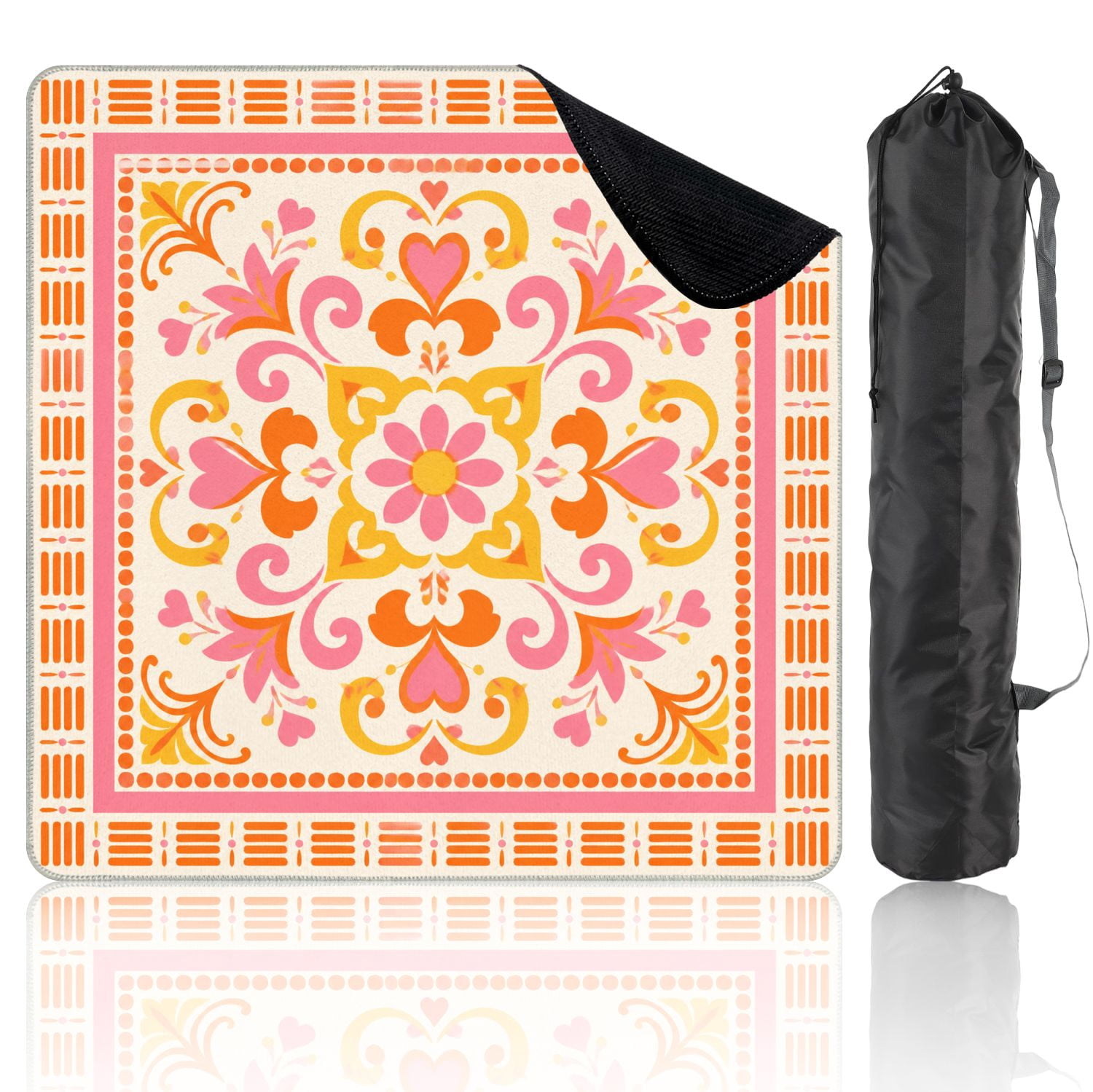 Mahjong Mat 31.5" x 31.5" Floral Ornamental Pink Orange Heart Motifs Swirls Non-Slip Noise Reduction Mahjong Tiles Table Cover for Dominoes Poker Card Board and Tile Games