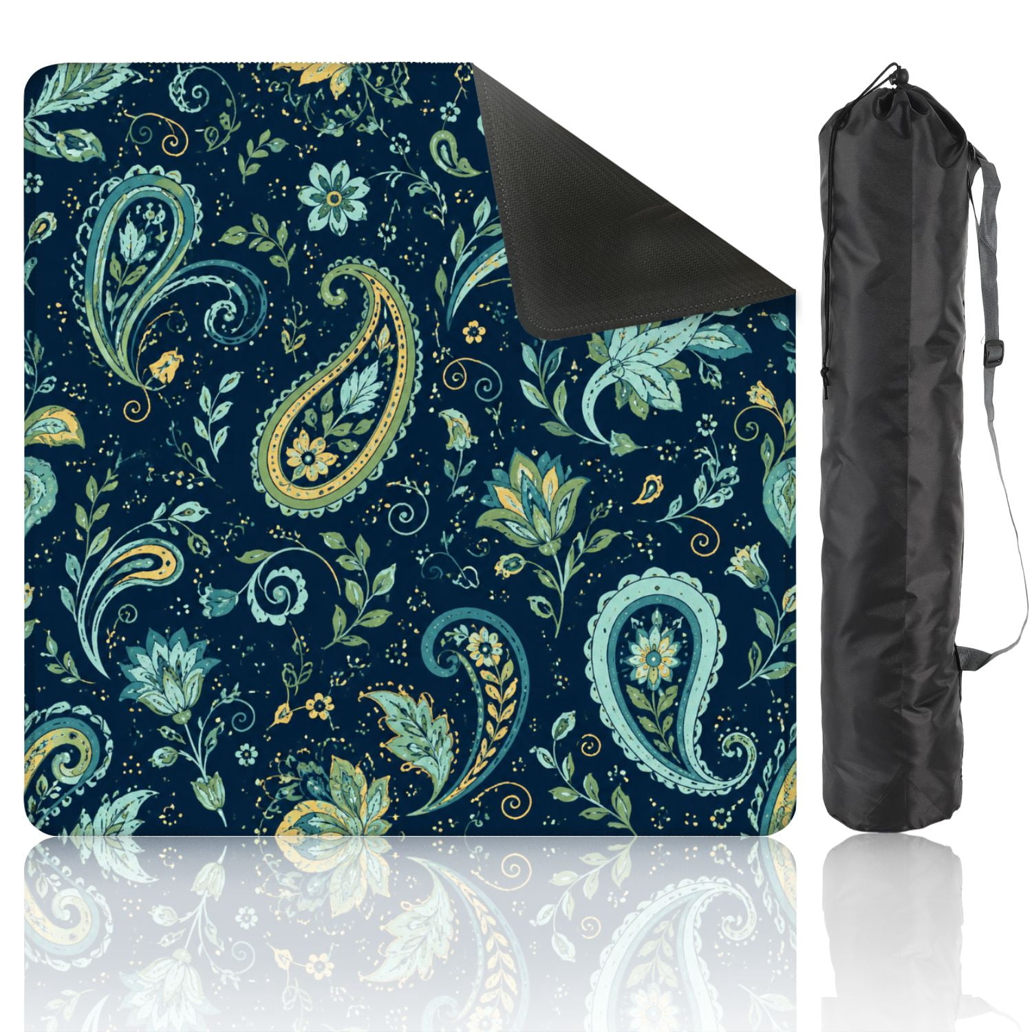 Mahjong Mat 31.5" x 31.5" Floral Paisley Navy Turquoise Vintage Style Non-Slip Noise Reduction American Mahjong Tiles Table Cover for Dominoes Poker Card Board Games Gift