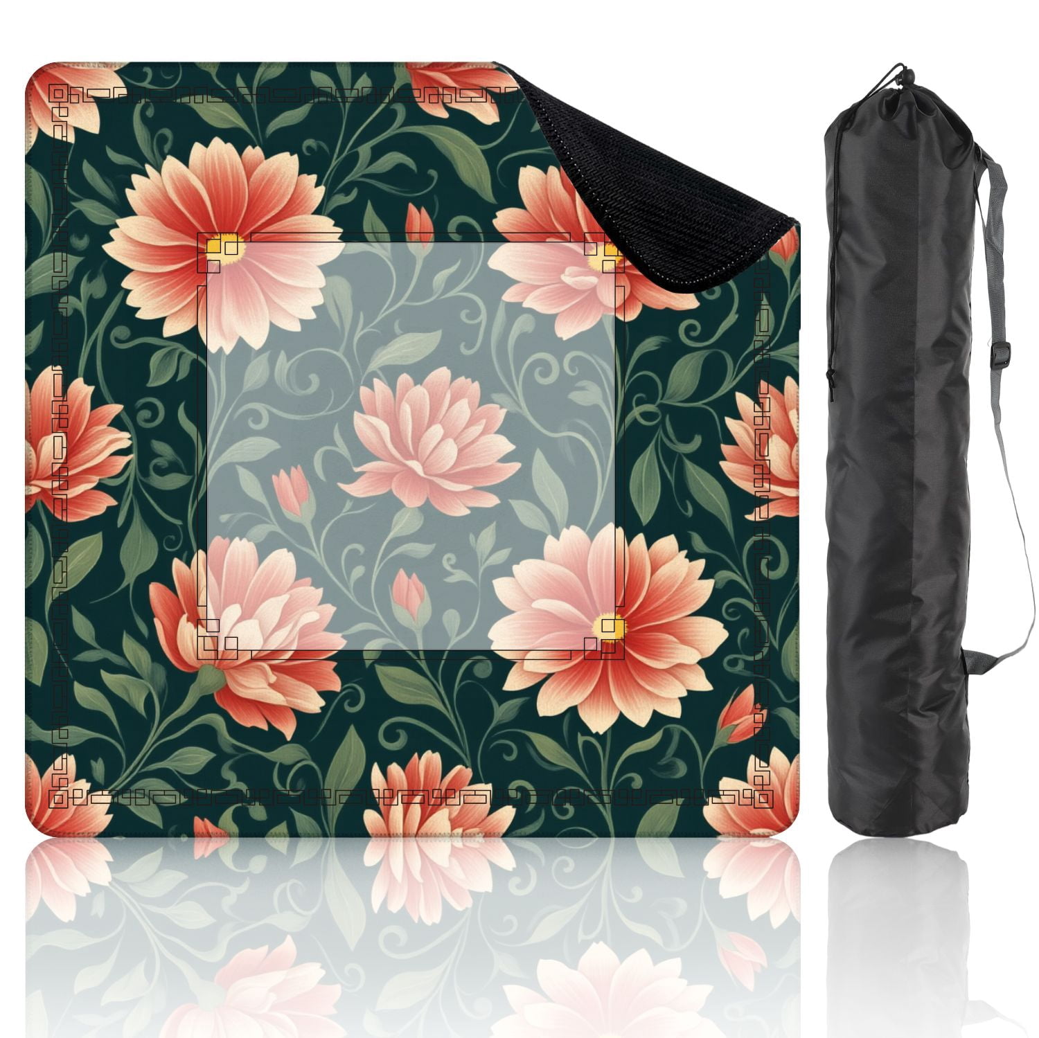 Mahjong Mat 31.5" x 31.5" Floral Peach Coral Blossoms Dark Green Non-Slip Noise Reduction American Mahjong Tiles Table Cover for Dominoes Poker Card Board Games Gift