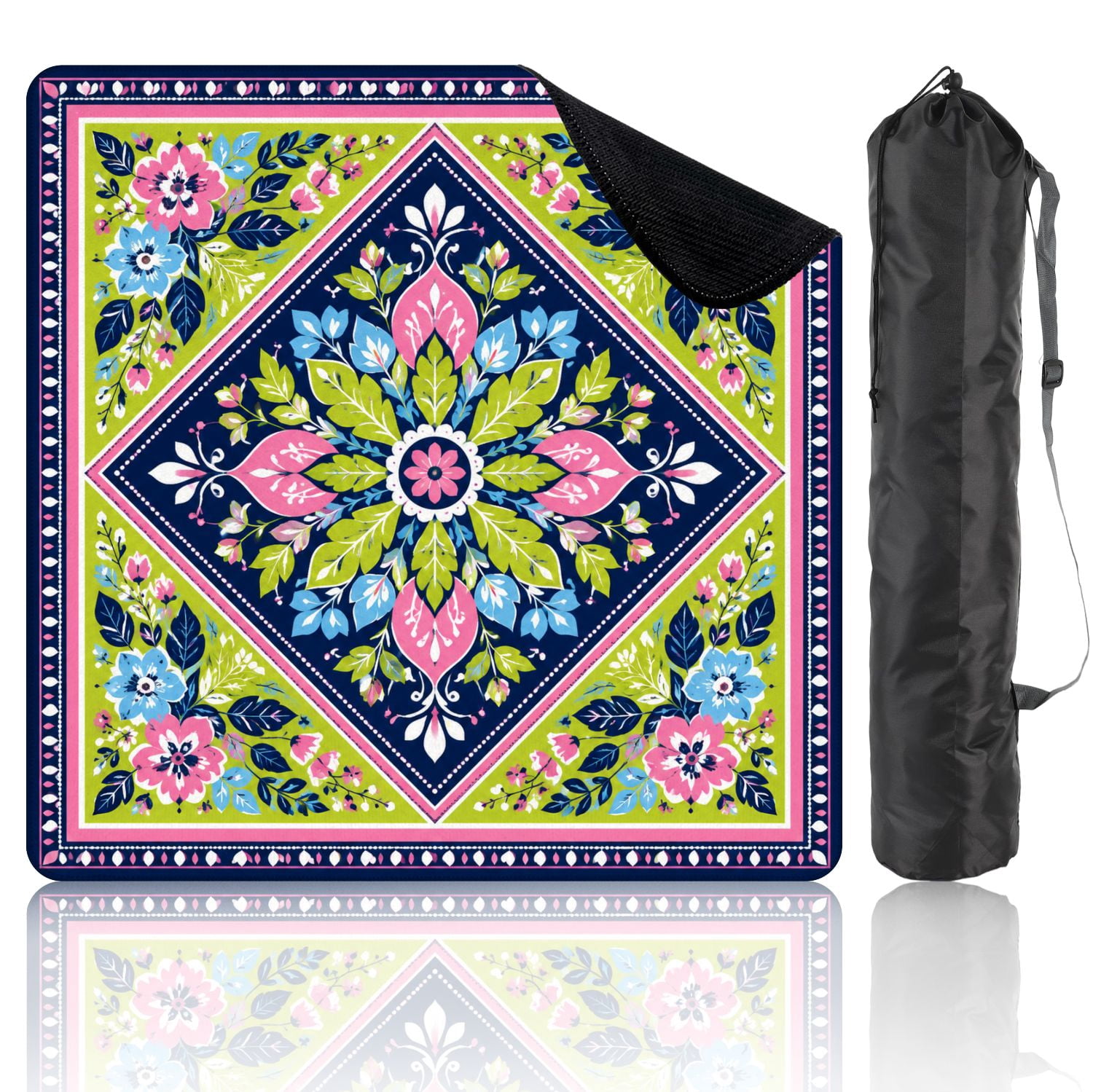 Mahjong Mat 31.5" x 31.5" Floral Pink Blue Green Leaves Flowers Navy Non-Slip Noise Reduction Mahjong Tiles Table Cover for Dominoes Poker Card Board and Tile Games