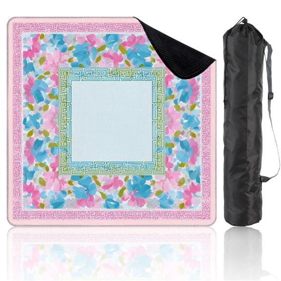 Mahjong Mat 31.5" x 31.5" Floral Pink Blue Watercolor Geometric Border Design Non-Slip Noise Reduction Mahjong Tiles Table Cover for Dominoes Poker Card Board and Tile Games