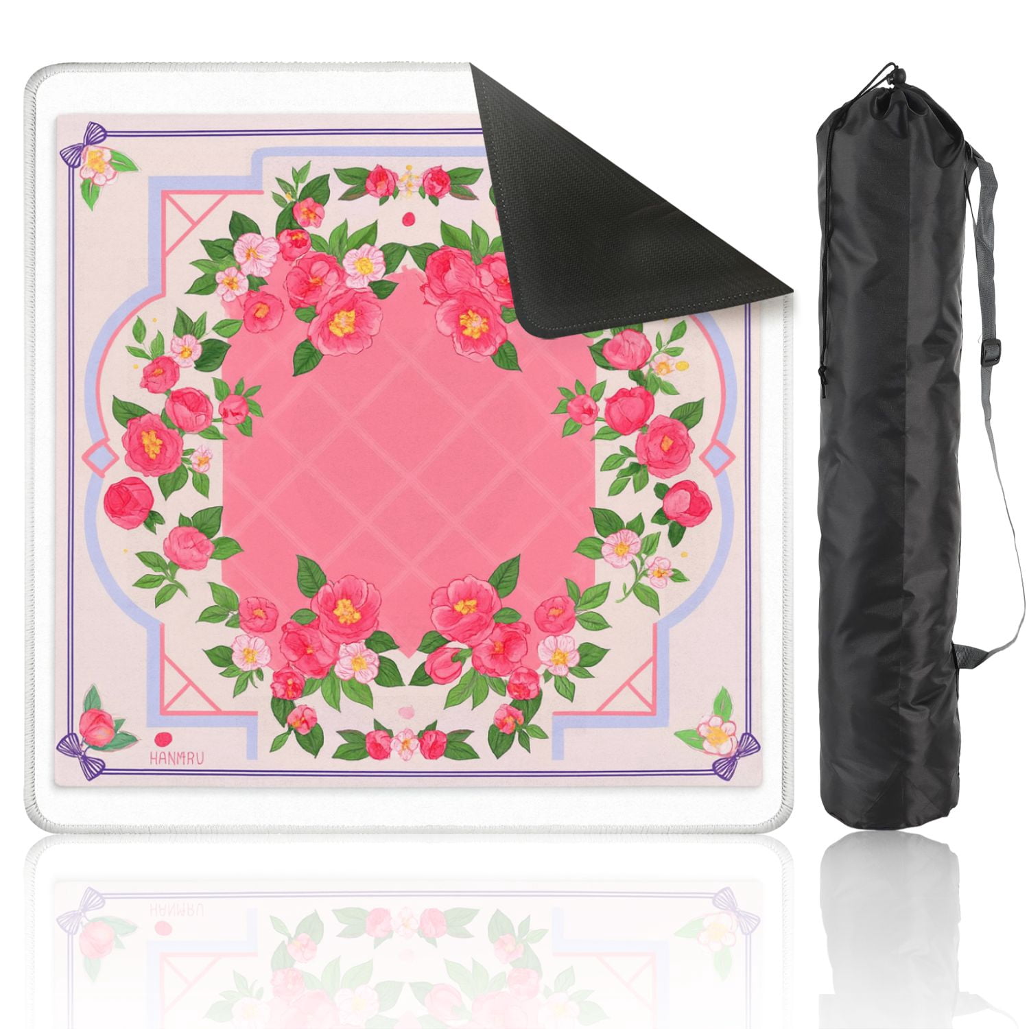 Mahjong Mat 31.5" x 31.5" Floral Pink Camellia Bouquet Soft Pastel Accents Anti-Slip and Noise Reduction Symmetry Design Mahjong Tiles Table Cover for Dominoes Poker Card Board and Tile Games