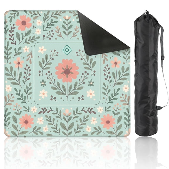 Mahjong Mat 31.5" x 31.5" Floral Pink Flowers Green Leaves Soft Blue Anti-Slip and Noise Reduction Symmetry Design Mahjong Tiles Table Cover for Dominoes Poker Card Board and Tile Games