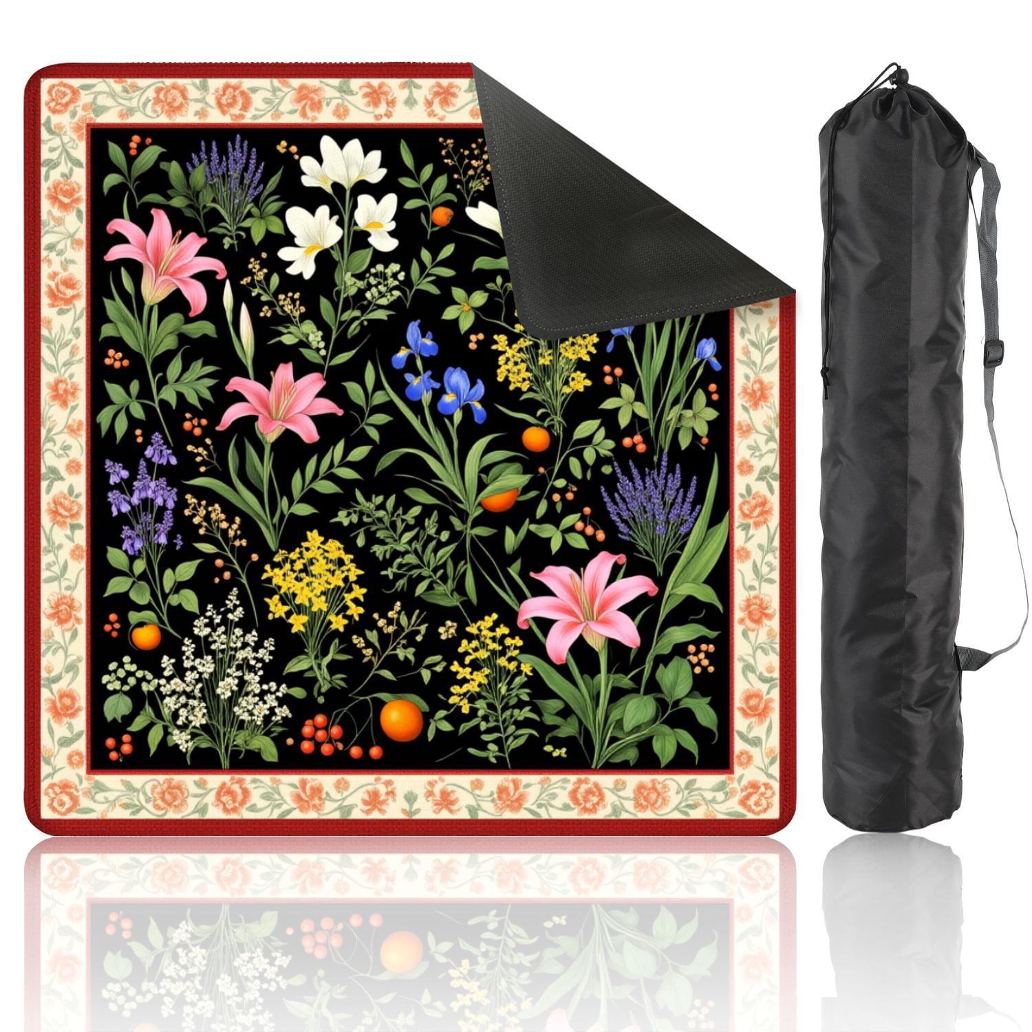 Mahjong Mat 31.5" x 31.5" Floral Pink Lilies Blue Irises White Yellow Flowers Black Non-Slip Noise Reduction American Mahjong Tiles Table Cover for Dominoes Poker Card Board Games Gift