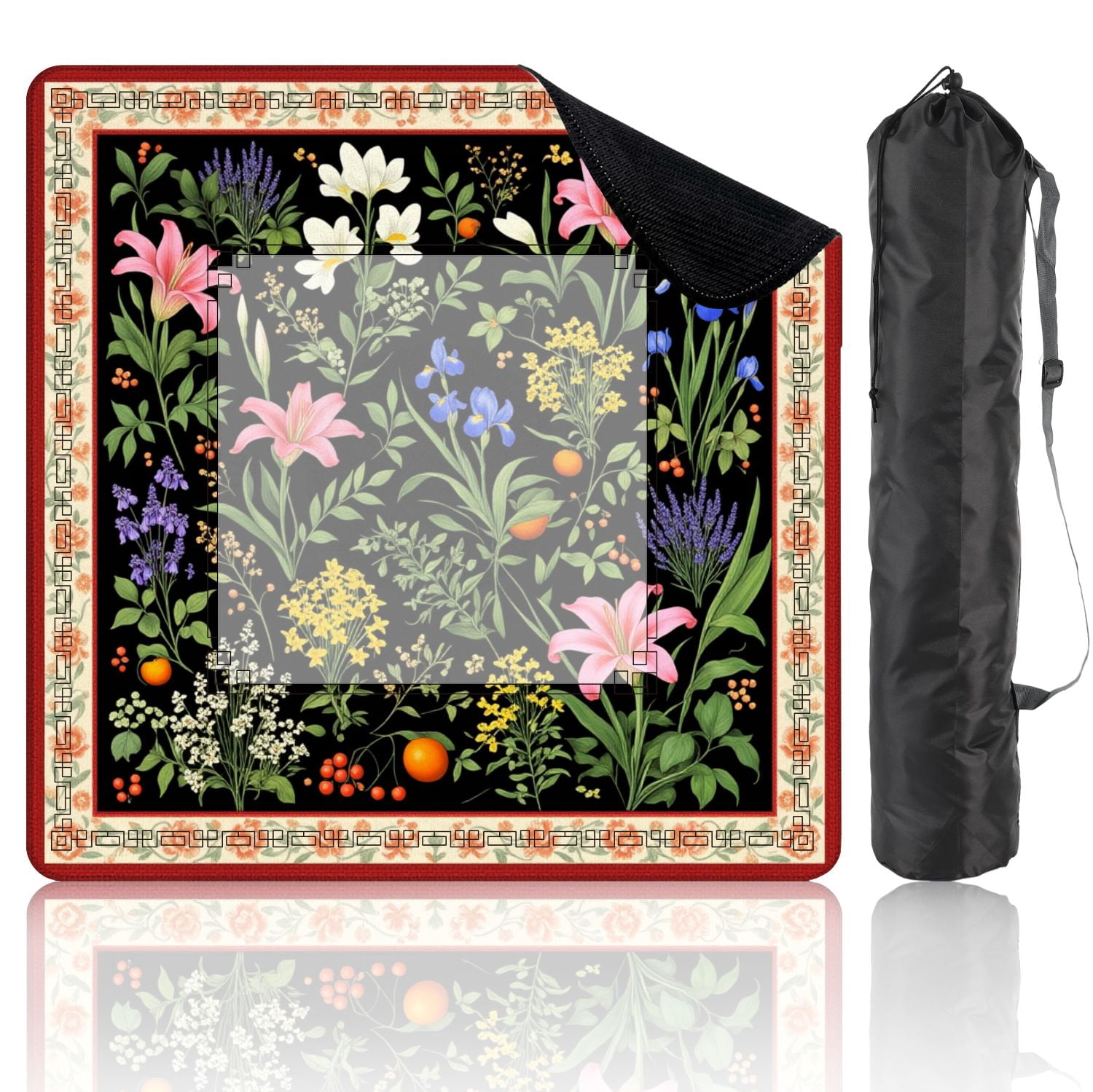 Mahjong Mat 31.5" x 31.5" Floral Pink Lilies Blue Irises White Yellow Flowers Black Non-Slip Noise Reduction American Mahjong Tiles Table Cover for Dominoes Poker Card Board Games Gift