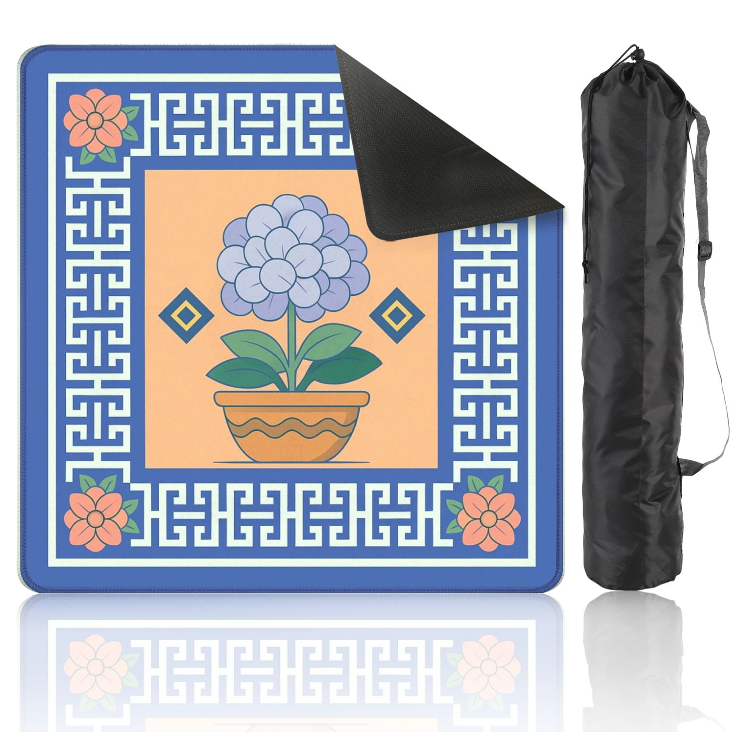 Mahjong Mat 31.5" x 31.5" Floral Pot Blue Hydrangea Geometric Border Anti-Slip and Noise Reduction Symmetry Design Mahjong Tiles Table Cover for Dominoes Poker Card Board and Tile Games