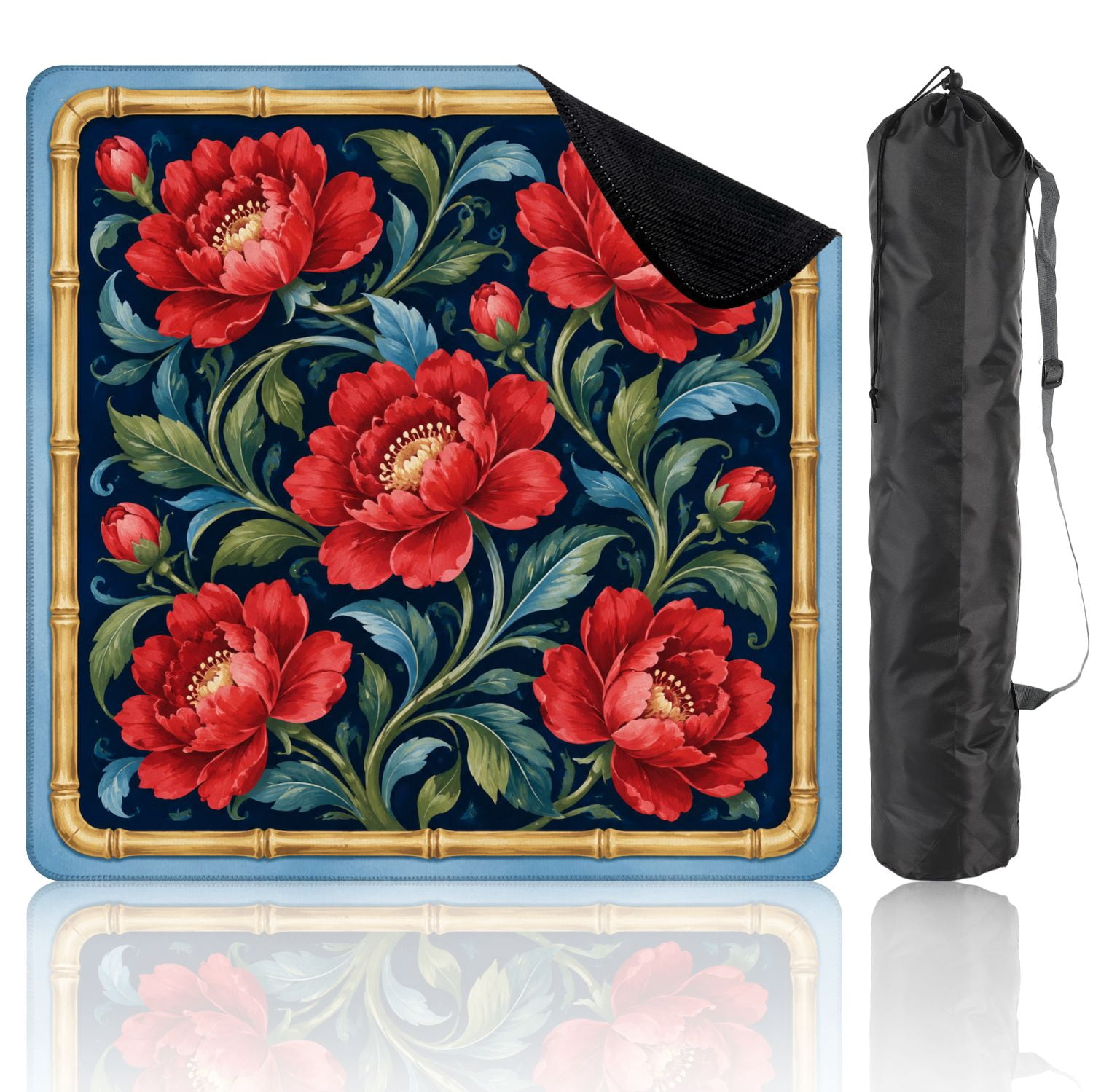 Mahjong Mat 31.5" x 31.5" Floral Red Roses Green Vines Blue Non-Slip Noise Reduction Mahjong Tiles Table Cover for Dominoes Poker Card Board and Tile Games