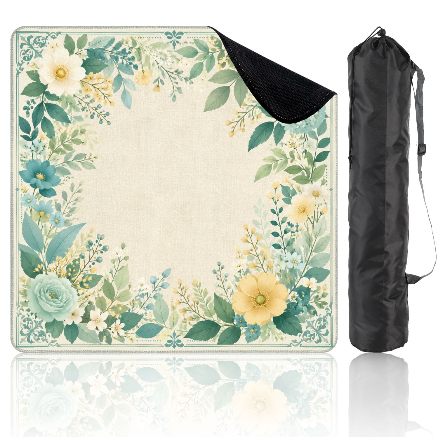 Mahjong Mat 31.5" x 31.5" Floral Swirl Soft Green Yellow Accents Teal Non-Slip Noise Reduction Mahjong Tiles Table Cover for Dominoes Poker Card Board and Tile Games