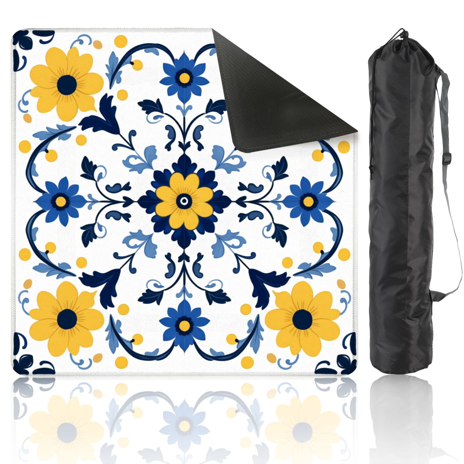 Mahjong Mat 31.5" x 31.5" Floral Symmetrical Yellow Blue Flowers White Non-Slip Noise Reduction American Mahjong Tiles Table Cover for Dominoes Poker Card Board Games Gift