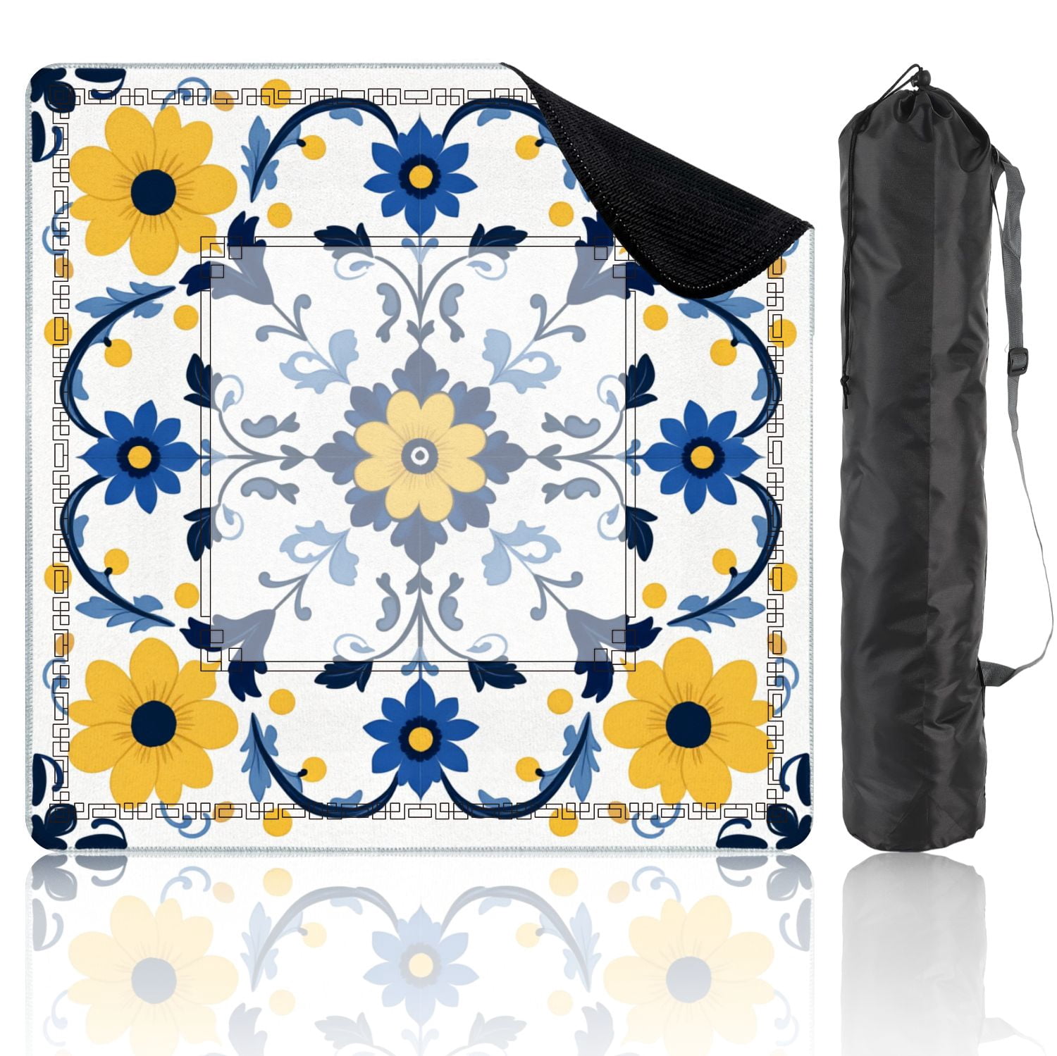 Mahjong Mat 31.5" x 31.5" Floral Symmetrical Yellow Blue Flowers White Non-Slip Noise Reduction American Mahjong Tiles Table Cover for Dominoes Poker Card Board Games Gift