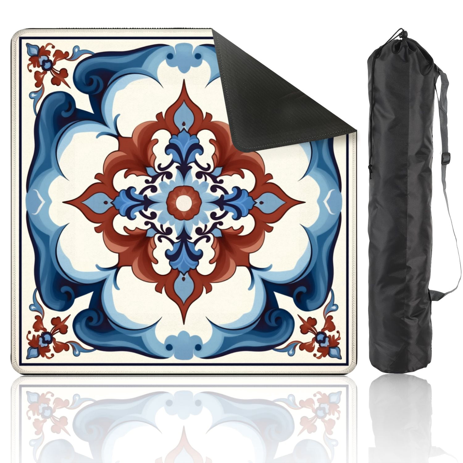 Mahjong Mat 31.5" x 31.5" Floral Tile Design Red Blue White Ornate Patterns Non-Slip Noise Reduction American Mahjong Tiles Table Cover for Dominoes Poker Card Board Games Gift