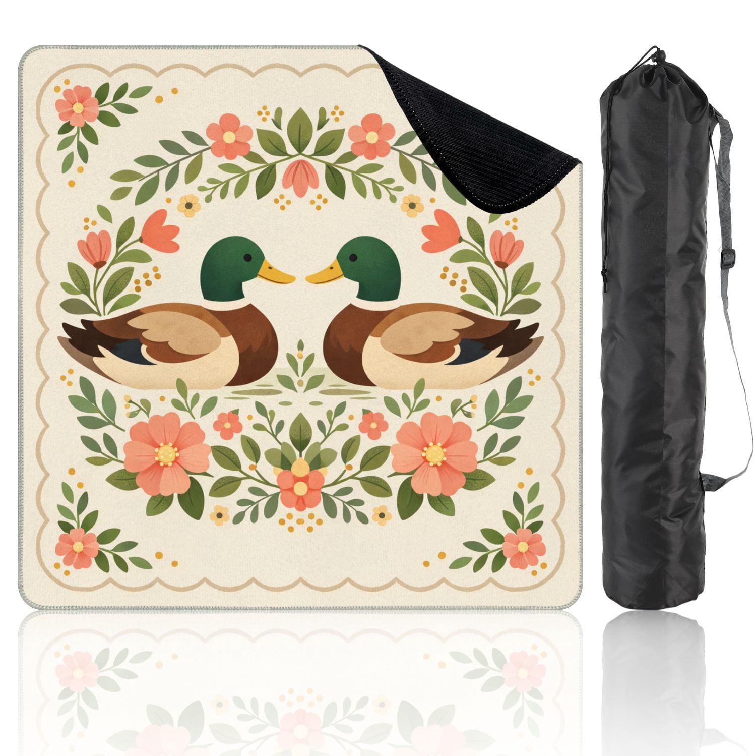 Mahjong Mat 31.5" x 31.5" Floral Two Mallard Ducks Vintage Style Non-Slip Noise Reduction Mahjong Tiles Table Cover for Dominoes Poker Card Board and Tile Games