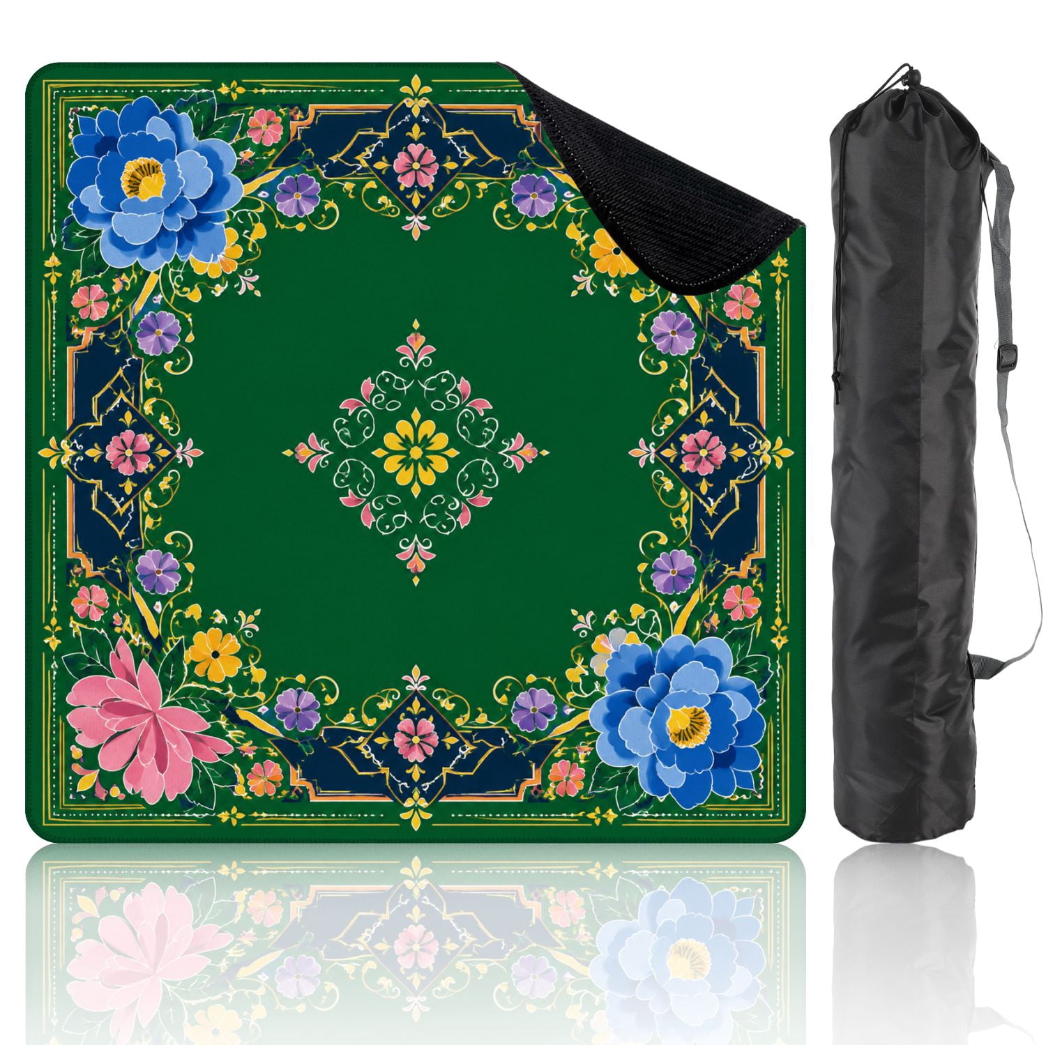 Mahjong Mat 31.5" x 31.5" Floral Vibrant Colors Abstract Design Green Non-Slip Noise Reduction Mahjong Tiles Table Cover for Dominoes Poker Card Board and Tile Games