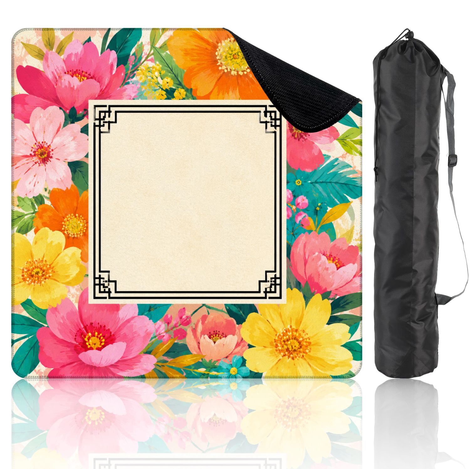Mahjong Mat 31.5" x 31.5" Floral Vibrant Pink Orange Flowers Paisley Swirls Yellow Non-Slip Noise Reduction Mahjong Tiles Table Cover for Dominoes Poker Card Board and Tile Games