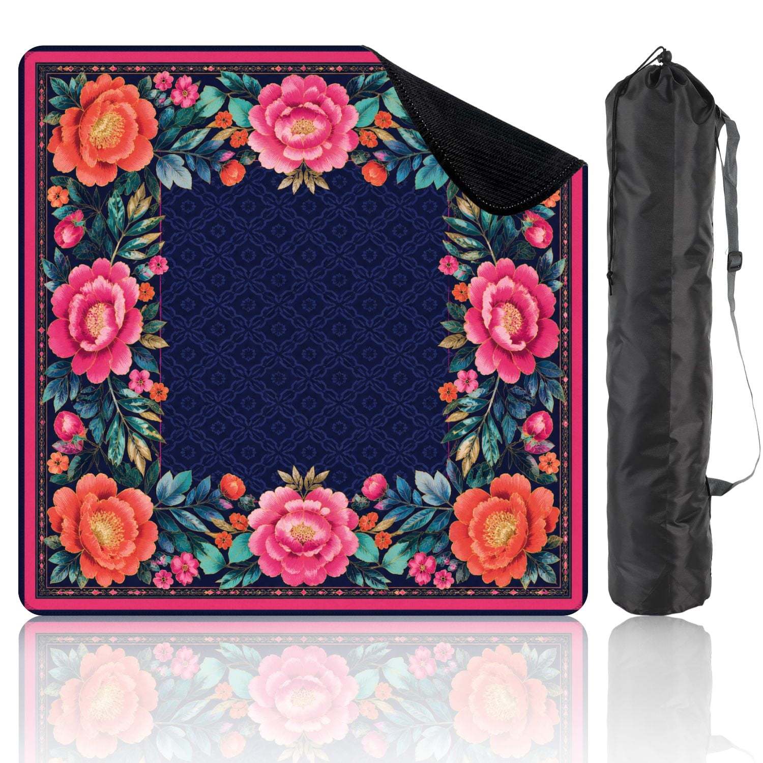 Mahjong Mat 31.5" x 31.5" Floral Vibrant Pink Orange Peonies Dark Blue Non-Slip Noise Reduction Mahjong Tiles Table Cover for Dominoes Poker Card Board and Tile Games