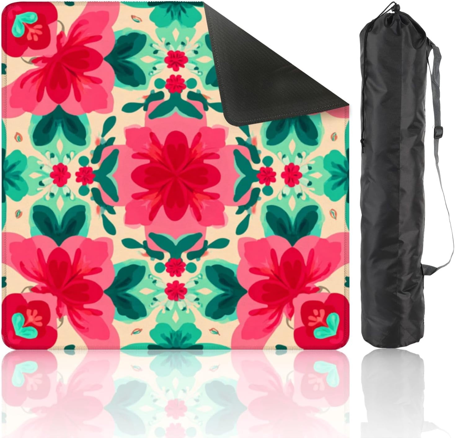 Mahjong Mat 31.5" x 31.5" Floral Vibrant Red Green Blooms Cream Non-Slip Noise Reduction Mahjong Tiles Table Cover for Dominoes Poker Card Board and Tile Games