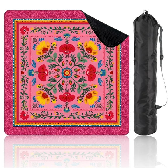 Mahjong Mat 31.5" x 31.5" Floral Vibrant Yellow Red Flowers Pink Non-Slip Noise Reduction Mahjong Mat with Storage Bag Mahjong Tiles Table Cover for Dominoes Poker Card Board and Tile Games