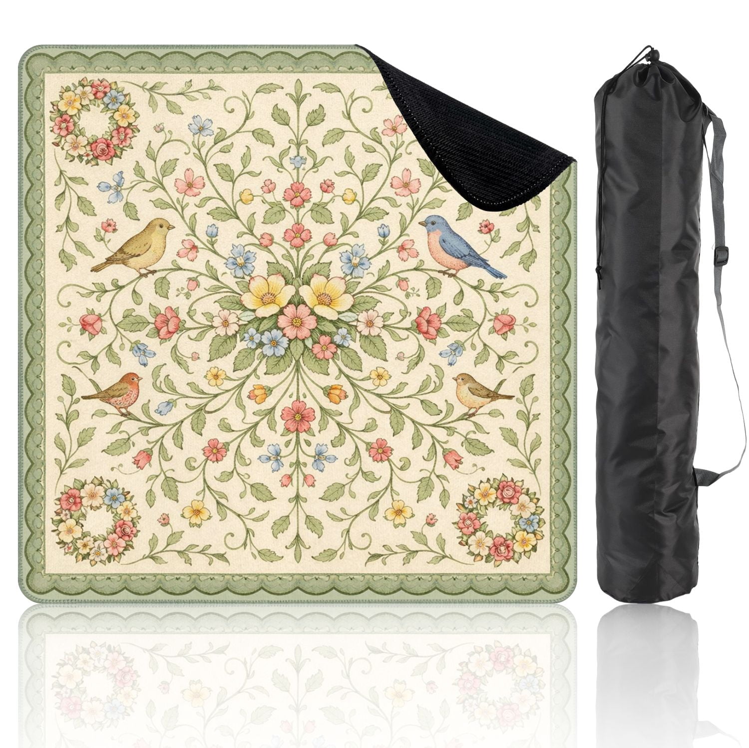 Mahjong Mat 31.5" x 31.5" Floral Vintage Birds Delicate Flowers Non-Slip Noise Reduction Mahjong Tiles Table Cover for Dominoes Poker Card Board and Tile Games