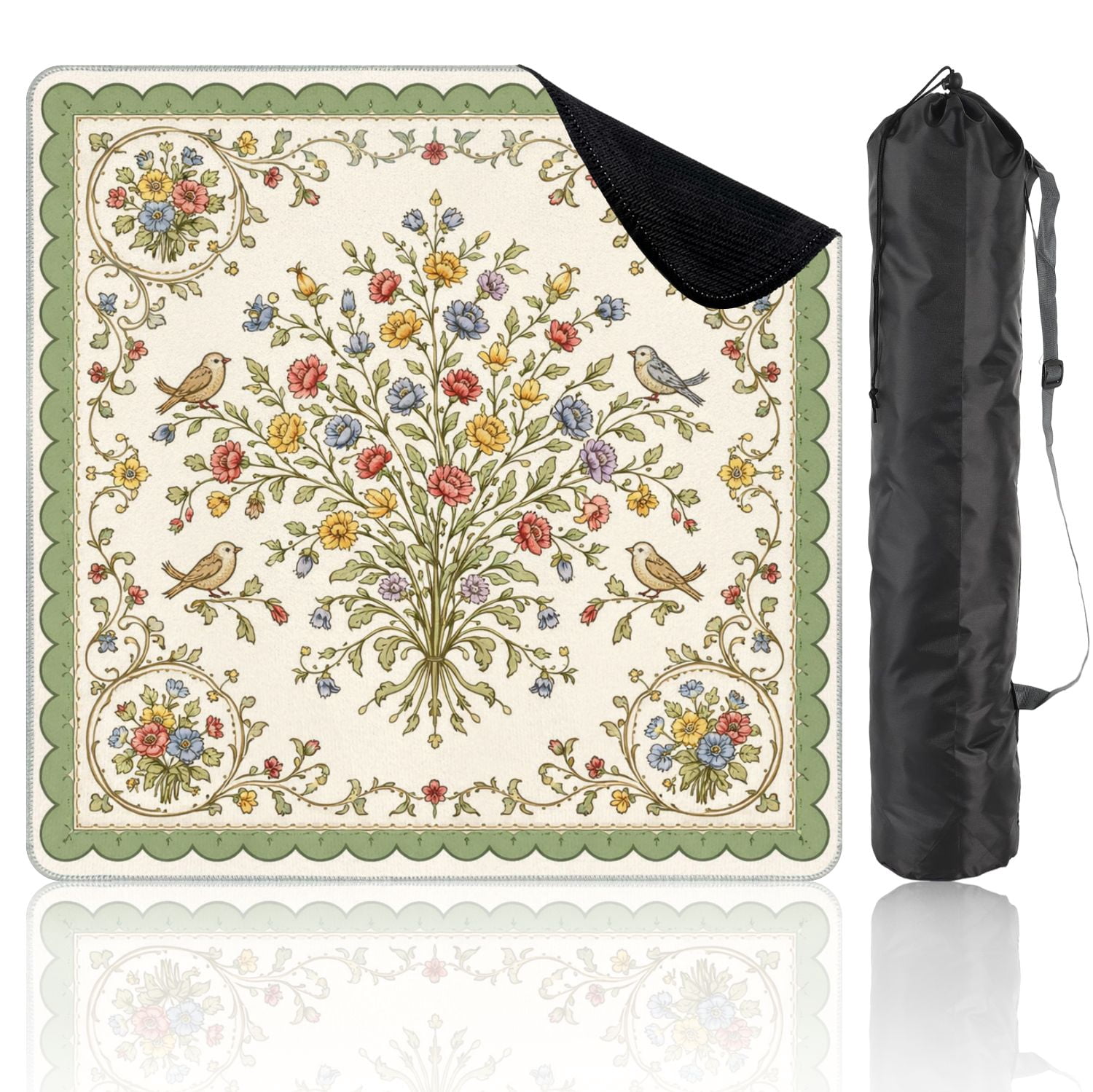 Mahjong Mat 31.5" x 31.5" Floral Vintage Birds Delicate Flowers Non-Slip Noise Reduction Mahjong Tiles Table Cover for Dominoes Poker Card Board and Tile Games