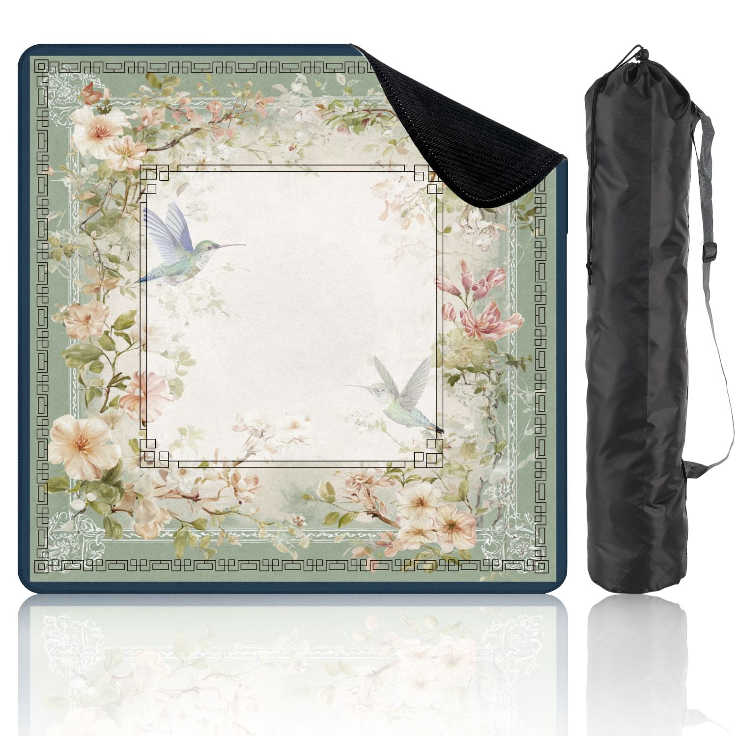 Mahjong Mat 31.5" x 31.5" Floral Vintage Frame Pastel Flowers Decorative Border Non-Slip Noise Reduction American Mahjong Tiles Table Cover for Dominoes Poker Card Board Games Gift