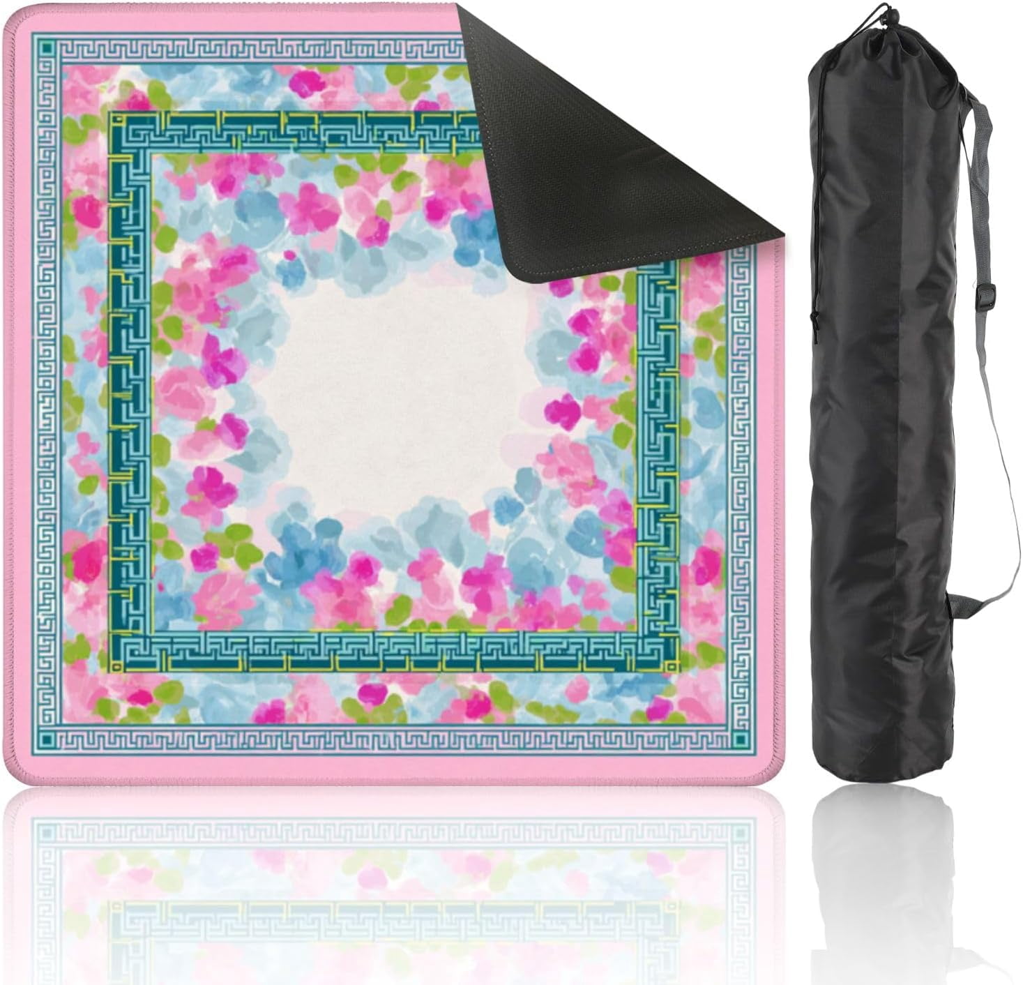 Mahjong Mat 31.5" x 31.5" Floral Watercolor Border Blue Pink Flowers Greek Key Non-Slip Noise Reduction Mahjong Tiles Table Cover for Dominoes Poker Card Board and Tile Games
