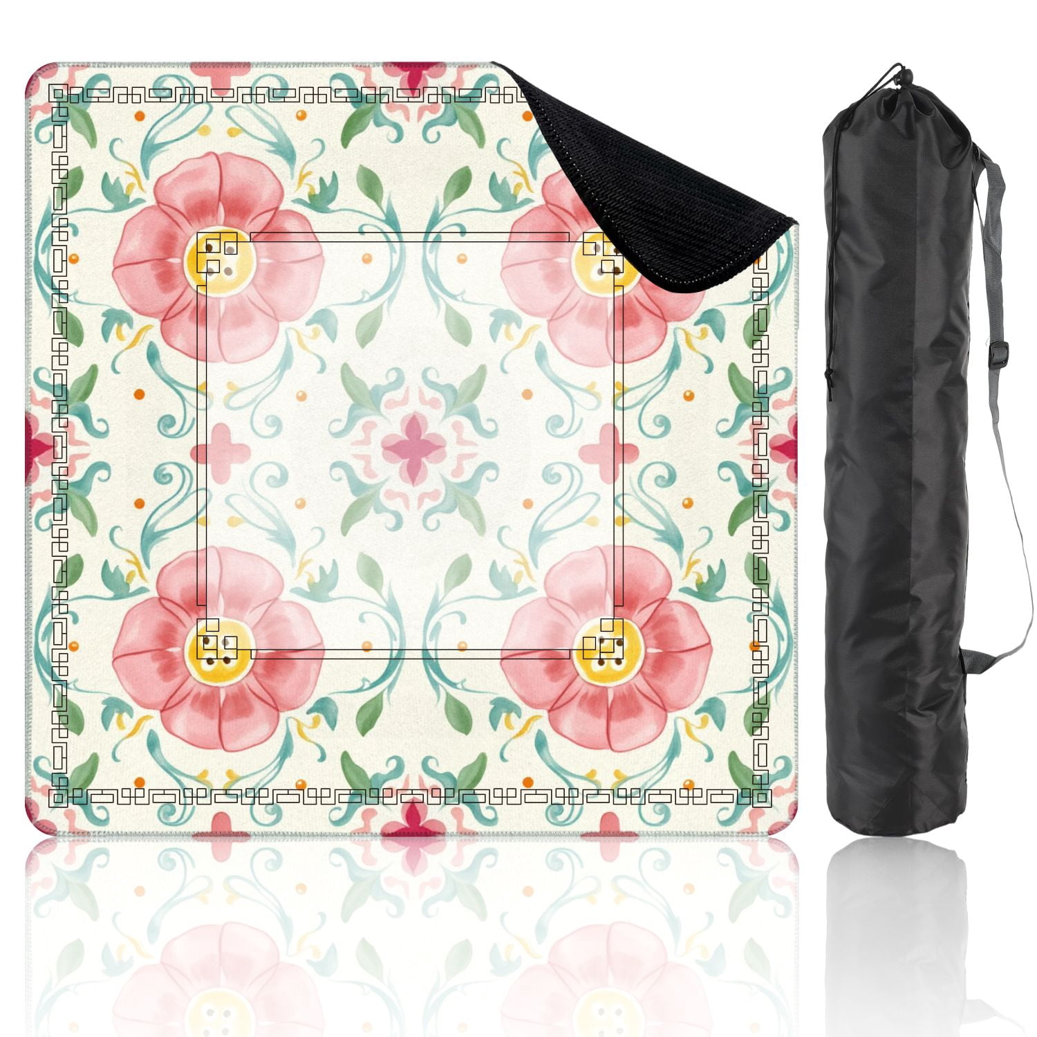 Mahjong Mat 31.5" x 31.5" Floral Watercolor Pink Flowers Swirling Vines Non-Slip Noise Reduction American Mahjong Tiles Table Cover for Dominoes Poker Card Board Games Gift