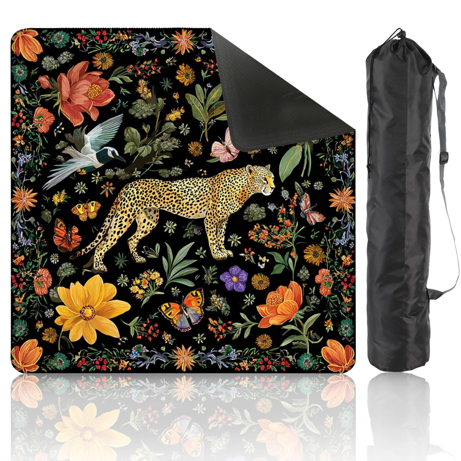Mahjong Mat 31.5" x 31.5" Floral Wildlife Cheetah Birds Butterfly Vibrant Flowers Black Non-Slip Noise Reduction American Mahjong Tiles Table Cover for Dominoes Poker Card Board Games Gift