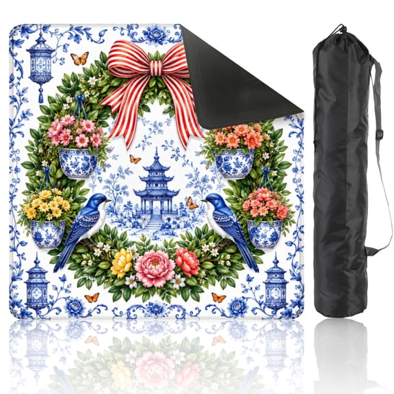 Mahjong Mat 31.5" x 31.5" Floral Wreath Blue Birds Red Stripes Bow Botanical Design Non-Slip Noise Reduction American Mahjong Tiles Table Cover for Dominoes Poker Card Board Games Gift