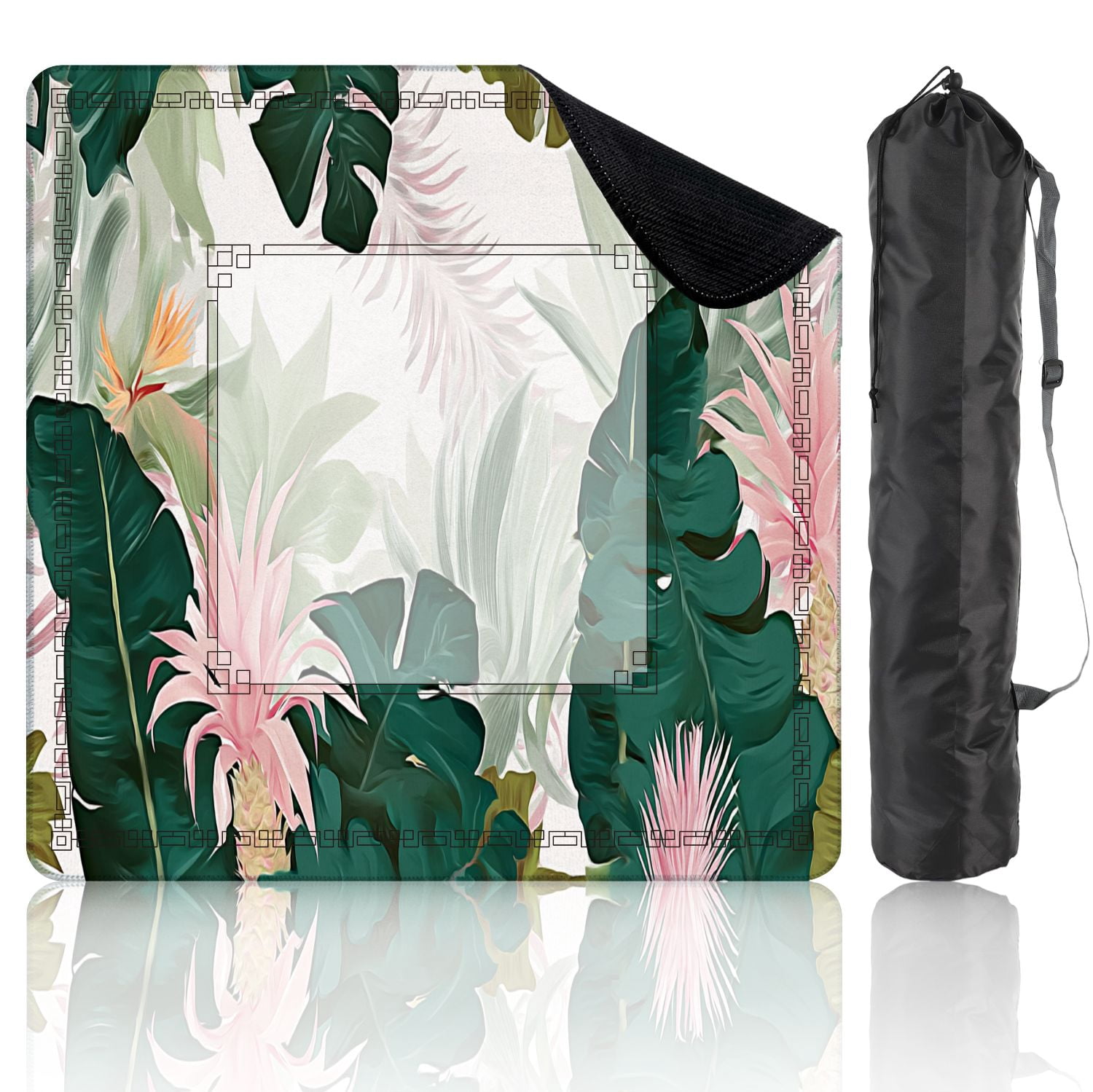 Mahjong Mat 31.5" x 31.5" Floral seamless green banana leaves pink Bromeliaceae plant Non-Slip Noise Reduction American Mahjong Tiles Table Cover for Dominoes Poker Card Board Games Gift