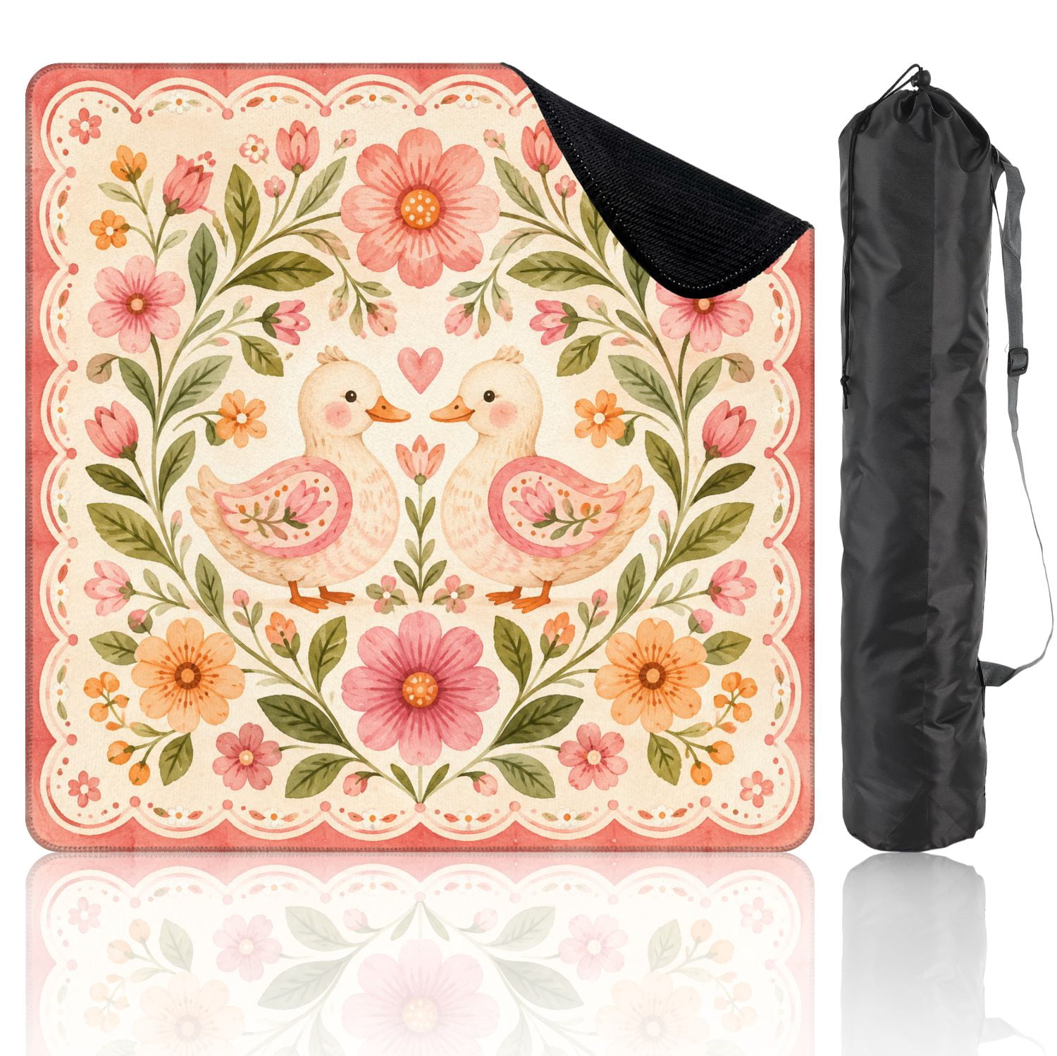 Mahjong Mat 31.5" x 31.5" Folk Art Ducks Pink Flowers Green Leaves Non-Slip Noise Reduction Mahjong Tiles Table Cover for Dominoes Poker Card Board and Tile Games