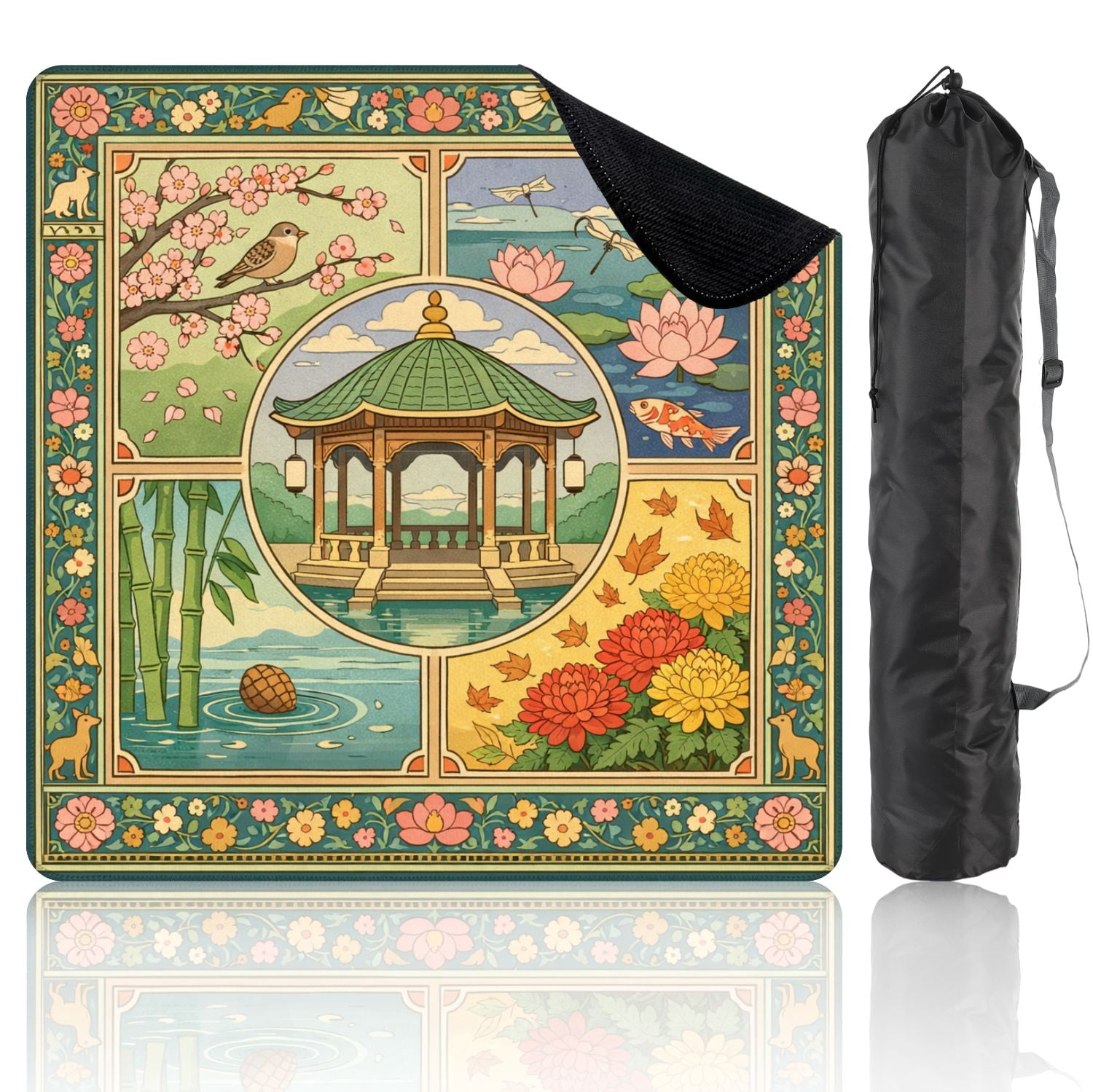Mahjong Mat 31.5" x 31.5" Four Season Nature Birds Flowers Bamboo Lotus Vibrant Colors Non-Slip Noise Reduction Mahjong Tiles Table Cover for Dominoes Poker Card Board and Tile Games