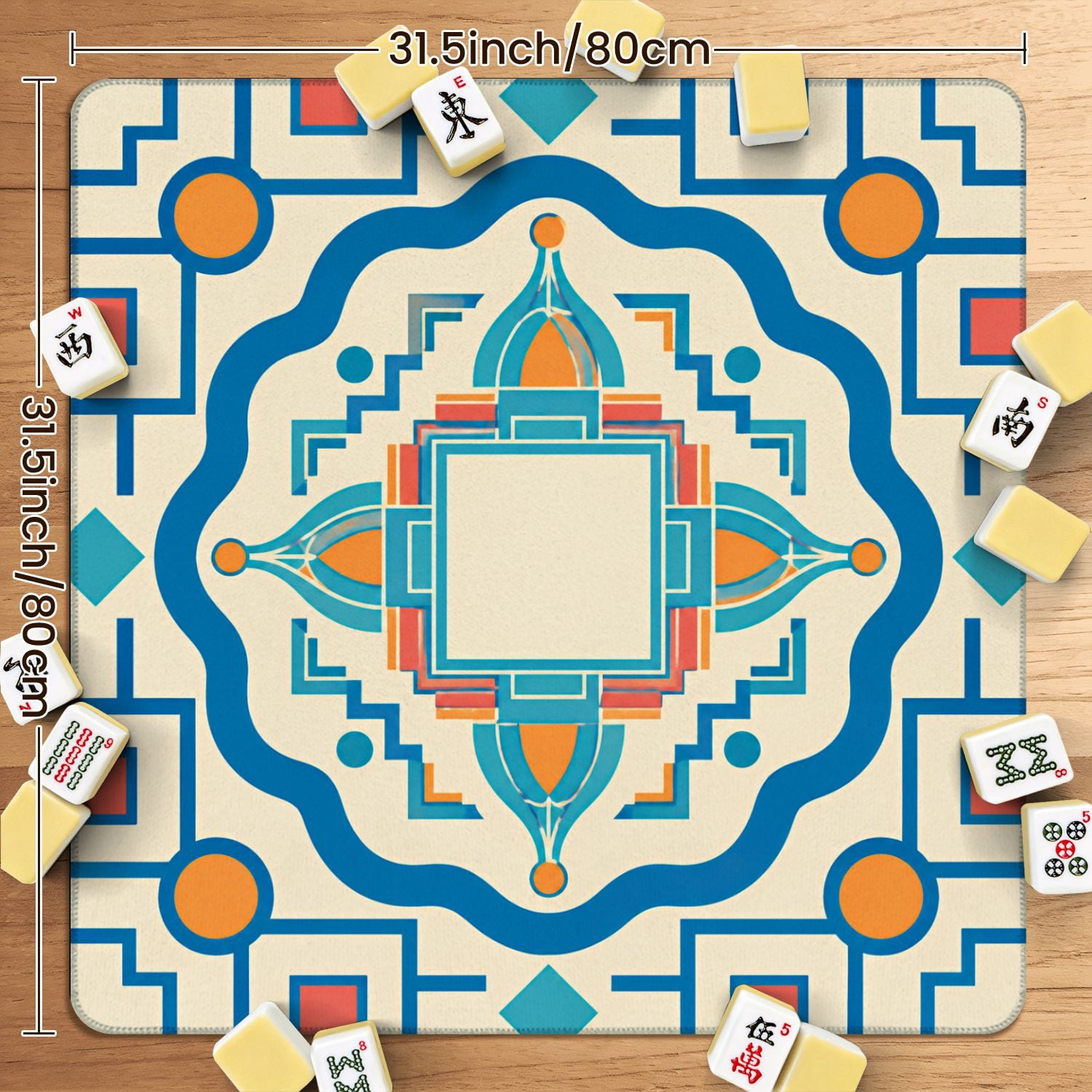 Mahjong Mat 31.5" x 31.5" Geometric Asian Inspired Pagoda Motifs Blue Green Orange Non-Slip Noise Reduction American Mahjong Tiles Table Cover for Dominoes Poker Card Board Games Gift