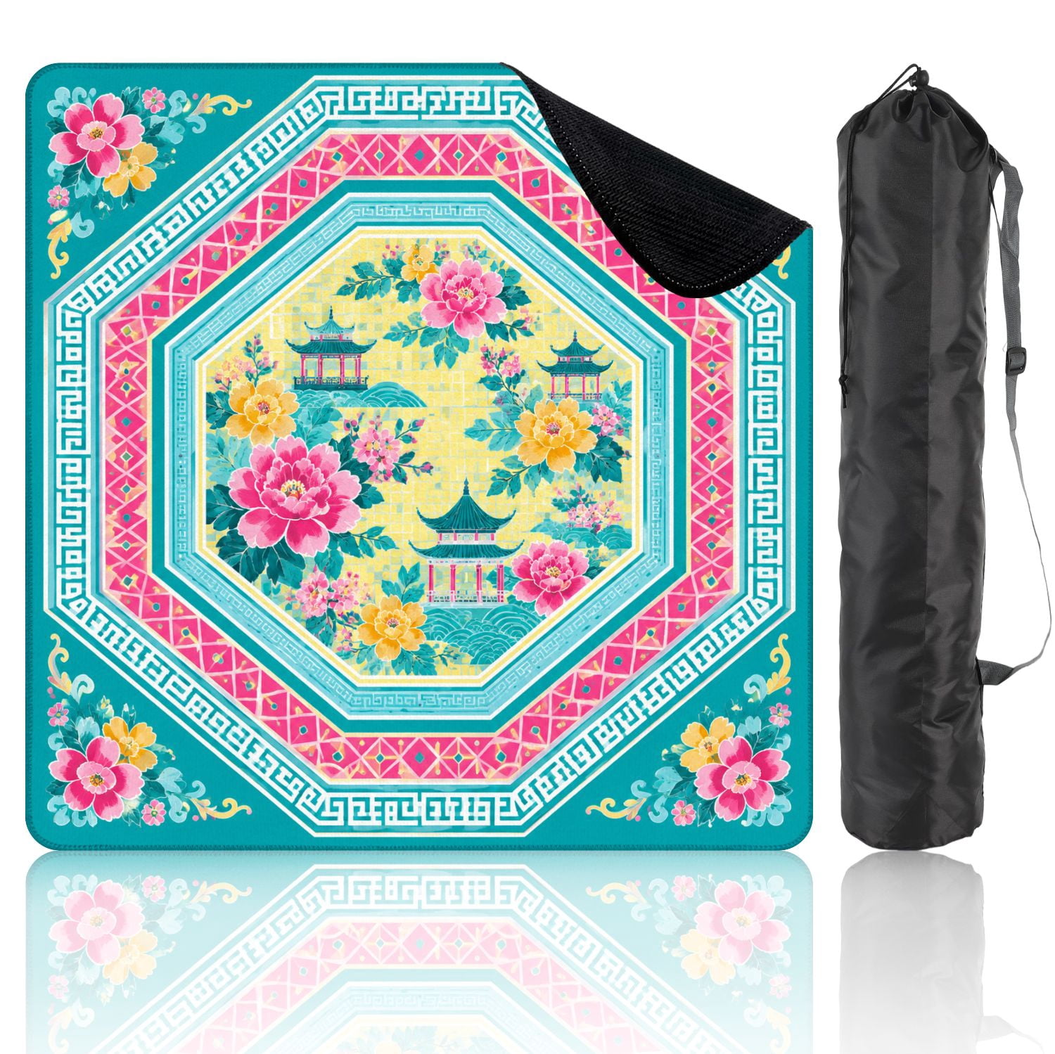Mahjong Mat 31.5" x 31.5" Geometric Floral Mandala Lotus Flowers Pavilion Motifs Pink Turquoise Non-Slip Noise Reduction Chic Portable Gaming Table Cover for Family Game Night & Gift