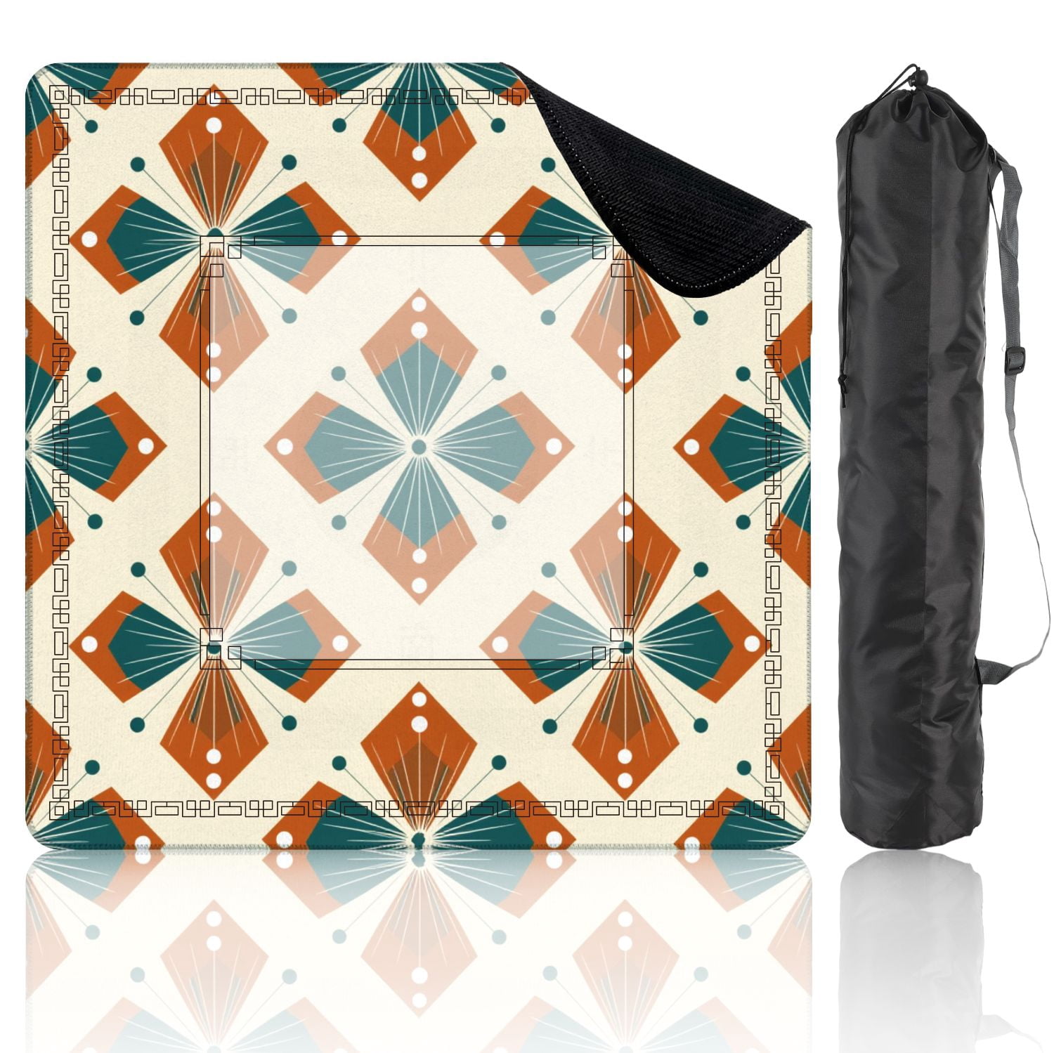 Mahjong Mat 31.5" x 31.5" Geometric Floral Orange Teal Abstract Design Beige Non-Slip Noise Reduction American Mahjong Tiles Table Cover for Dominoes Poker Card Board Games Gift