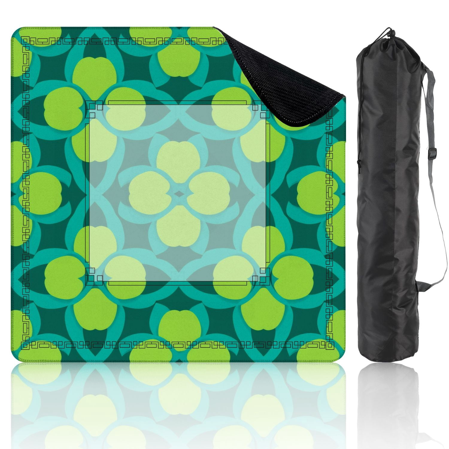Mahjong Mat 31.5" x 31.5" Geometric Floral Seamless Teal Loops Lime Green Petal Shapes Non-Slip Noise Reduction American Mahjong Tiles Table Cover for Dominoes Poker Card Board Games Gift
