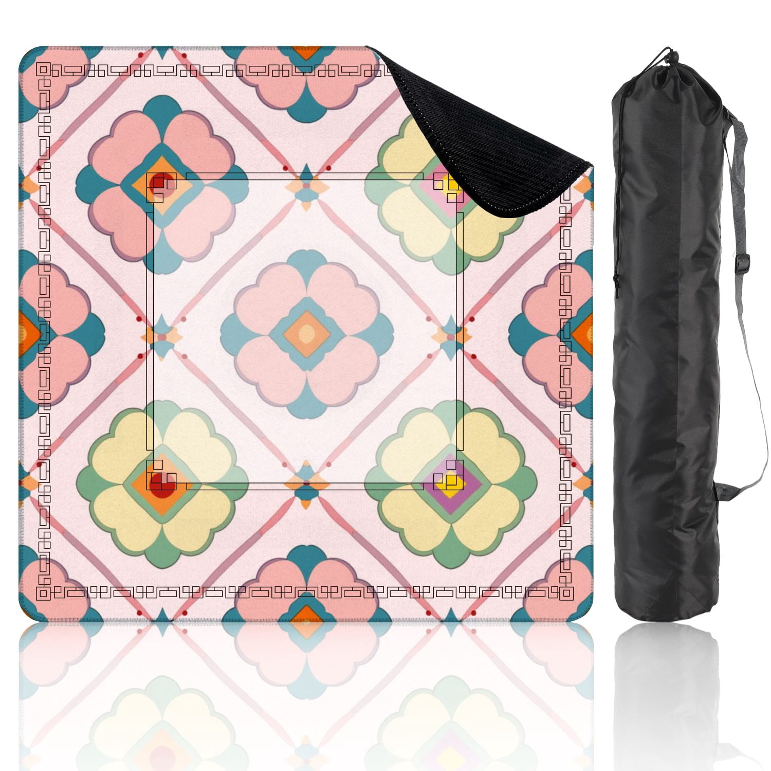 Mahjong Mat 31.5" x 31.5" Geometric Floral Vibrant Colors Diamond Shapes Non-Slip Noise Reduction American Mahjong Tiles Table Cover for Dominoes Poker Card Board Games Gift