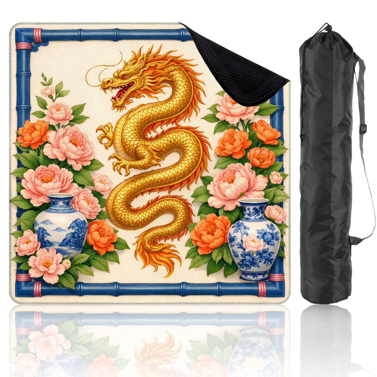 Mahjong Mat 31.5" x 31.5" Golden Chinese Dragon Pink Peonies Blue Vases Floral Non-Slip Noise Reduction Mahjong Tiles Table Cover for Dominoes Poker Card Board and Tile Games