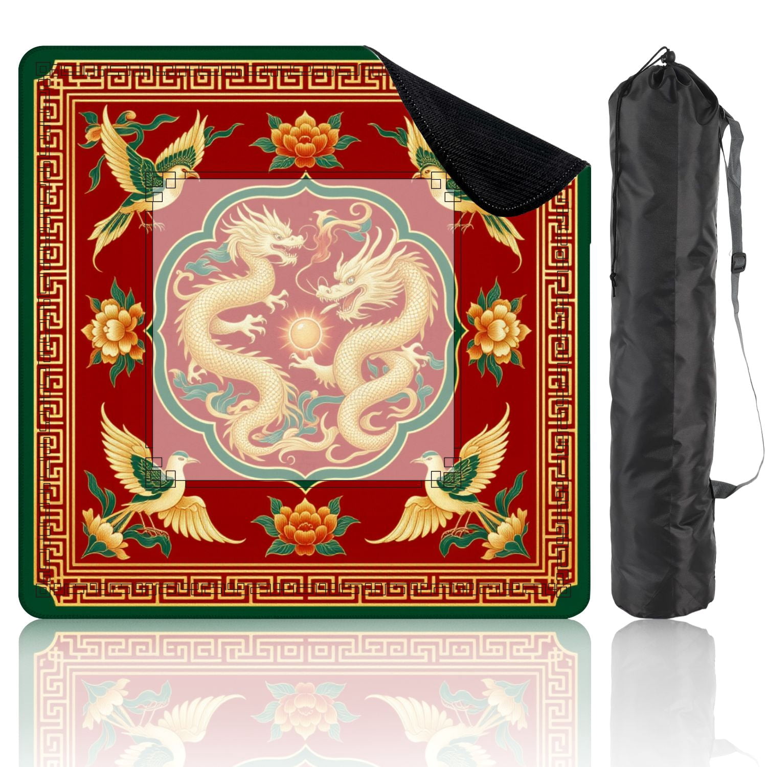 Mahjong Mat 31.5" x 31.5" Golden Chinese Dragons Birds Floral Red Non-Slip Noise Reduction American Mahjong Tiles Table Cover for Dominoes Poker Card Board Games Gift