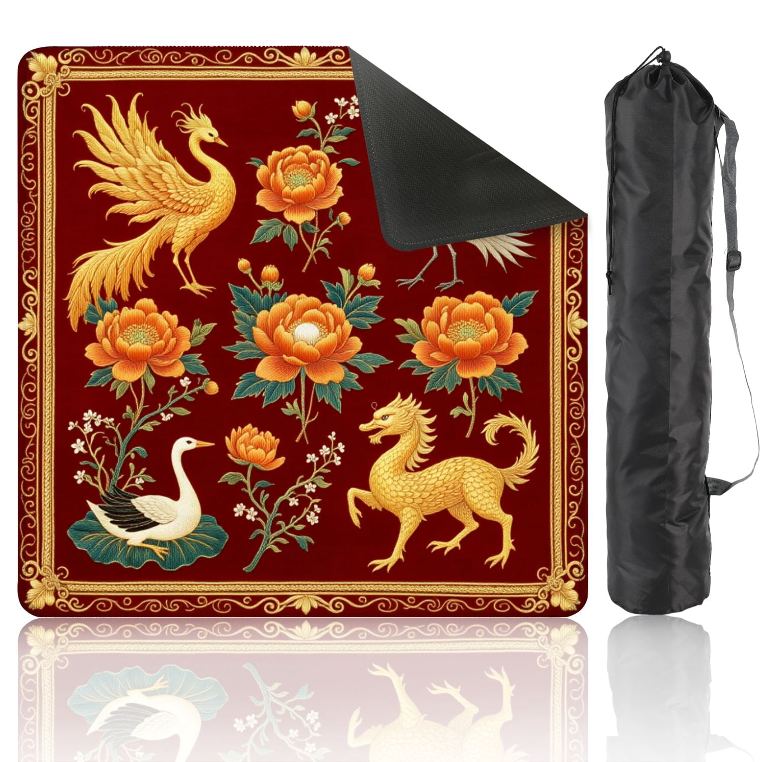 Mahjong Mat 31.5" x 31.5" Golden Crane Blossoming Peonies Ornate Floral Non-Slip Noise Reduction American Mahjong Tiles Table Cover for Dominoes Poker Card Board Games Gift